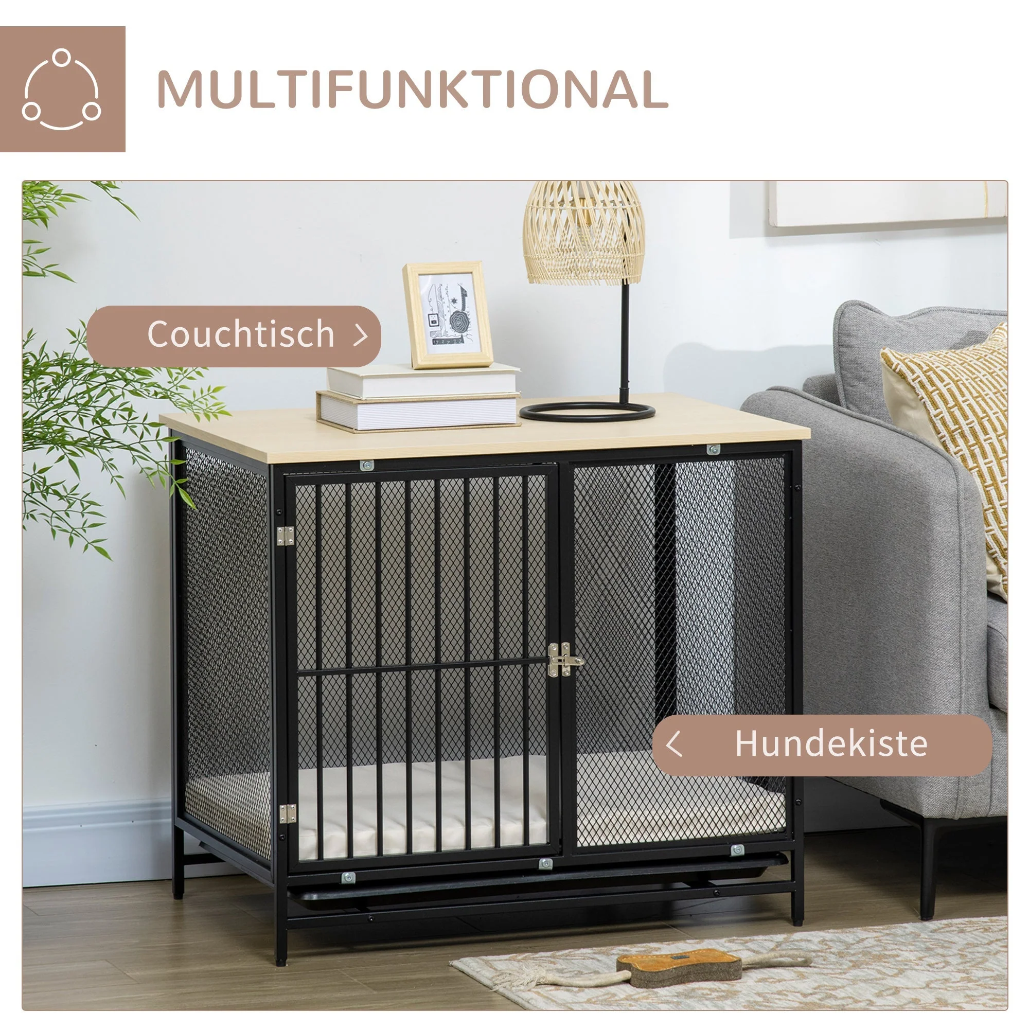 Dog Cage, Kennel with Cushion & Tray, Oak+Black - Image 5