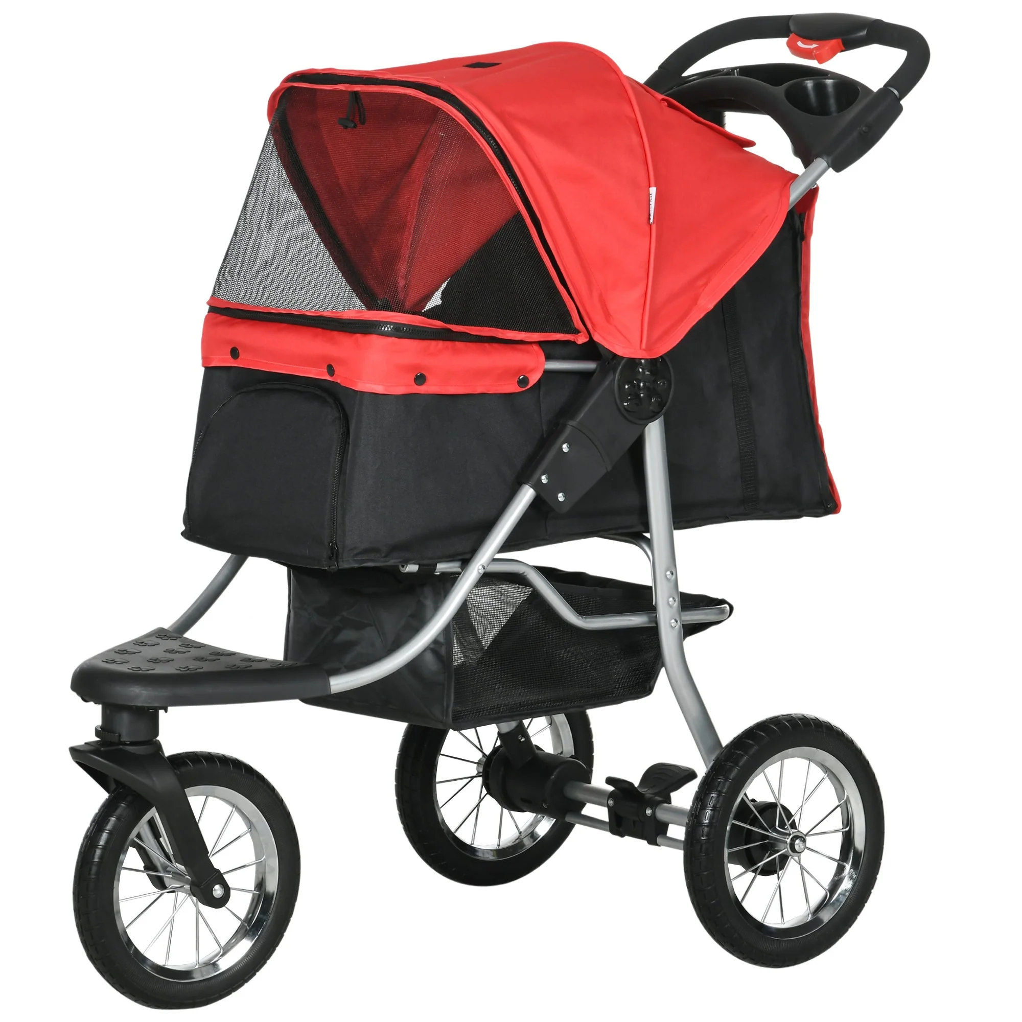 Dog & Cat Pet Stroller, Foldable 3 Wheels, Oxford Red Black - Image 2
