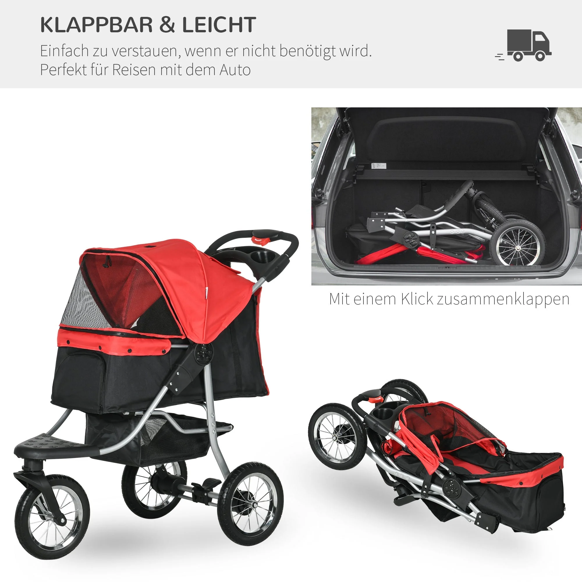 Dog & Cat Pet Stroller, Foldable 3 Wheels, Oxford Red Black - Image 5
