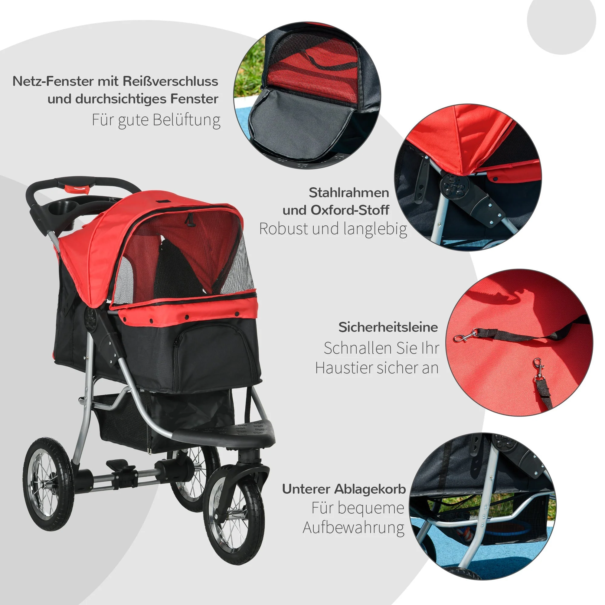 Dog & Cat Pet Stroller, Foldable 3 Wheels, Oxford Red Black - Image 6