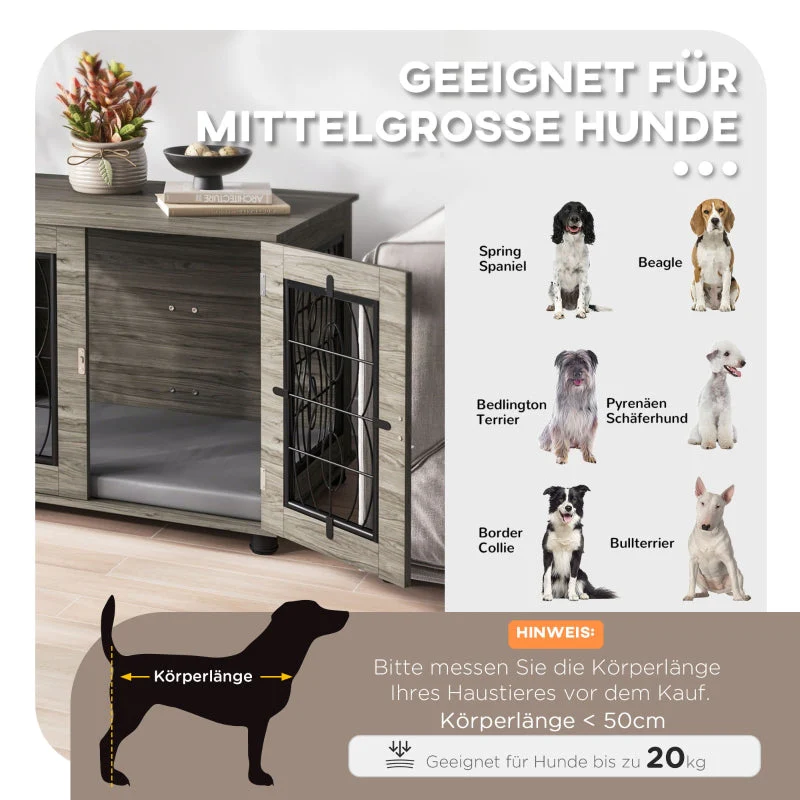 Dog Crate with Cushion, 20 kg/50 cm, Metal, Grey/Wood Decor - Image 5