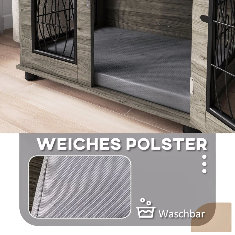 Dog Crate with Cushion, 20 kg/50 cm, Metal, Grey/Wood Decor - Image 7
