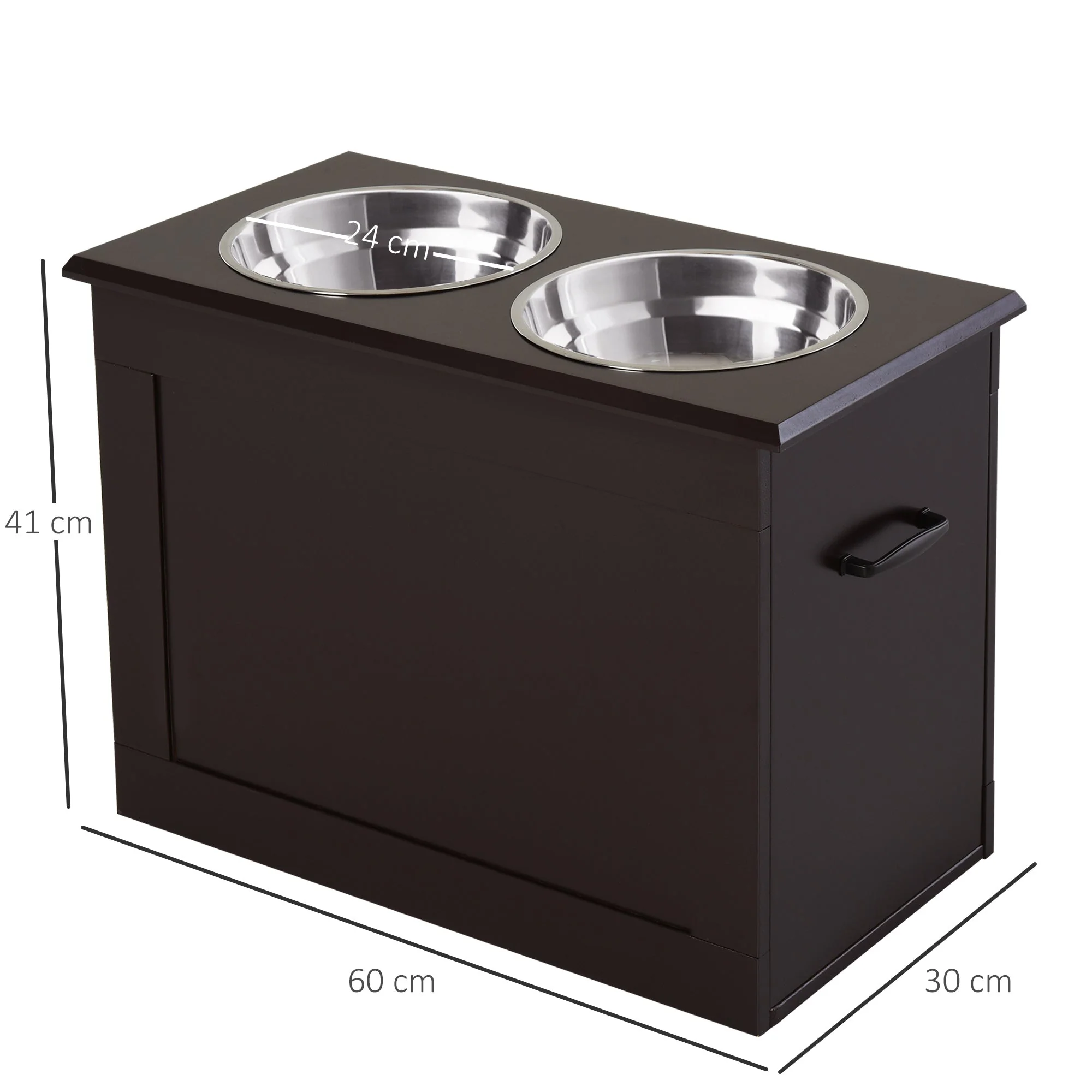 Dog Food Bowl, Elevated Feeder with Storage, 2 Stainless Steel Bowls, Espresso MDF - Image 3