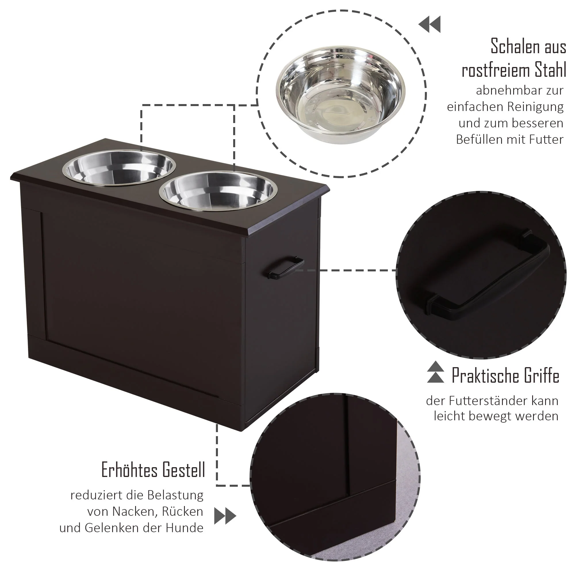 Dog Food Bowl, Elevated Feeder with Storage, 2 Stainless Steel Bowls, Espresso MDF - Image 6