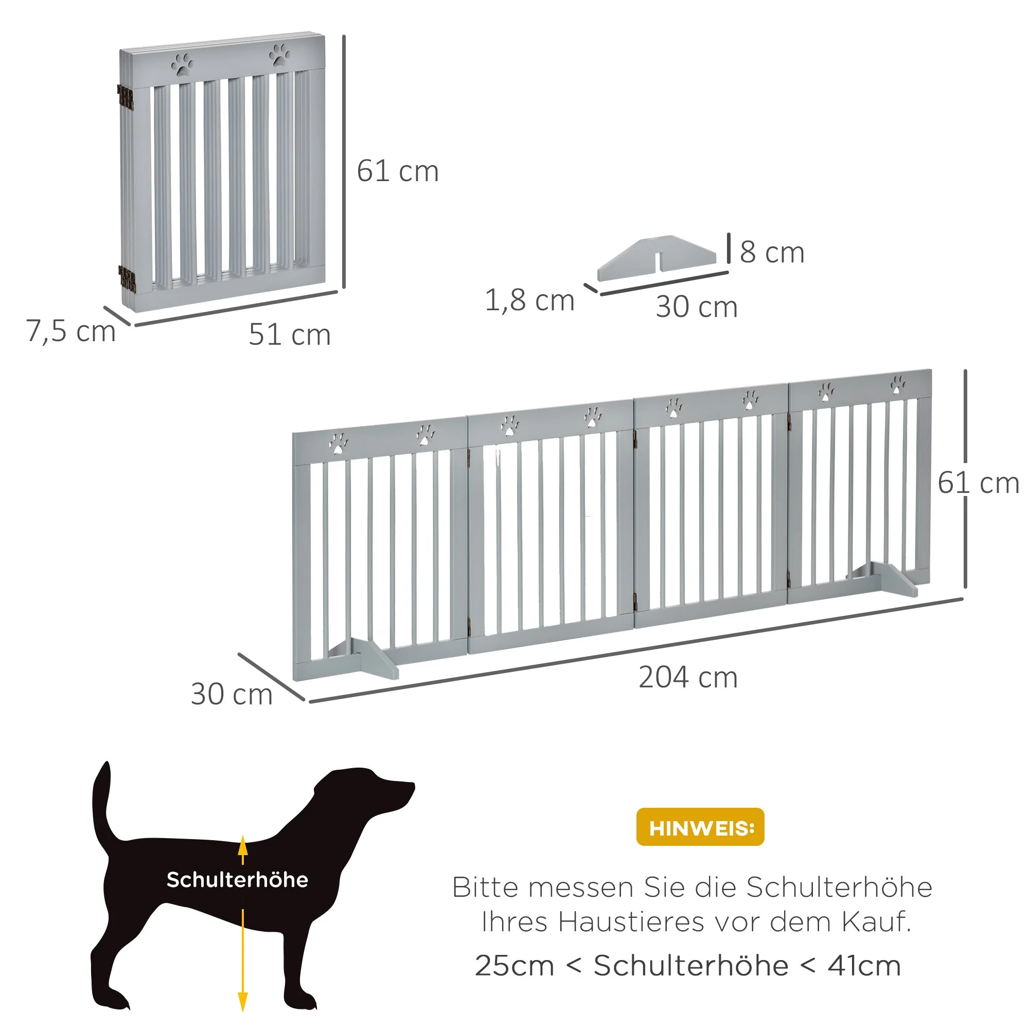 Dog Gate, 4-Part Foldable Freestanding, Wooden Light Grey - Image 3