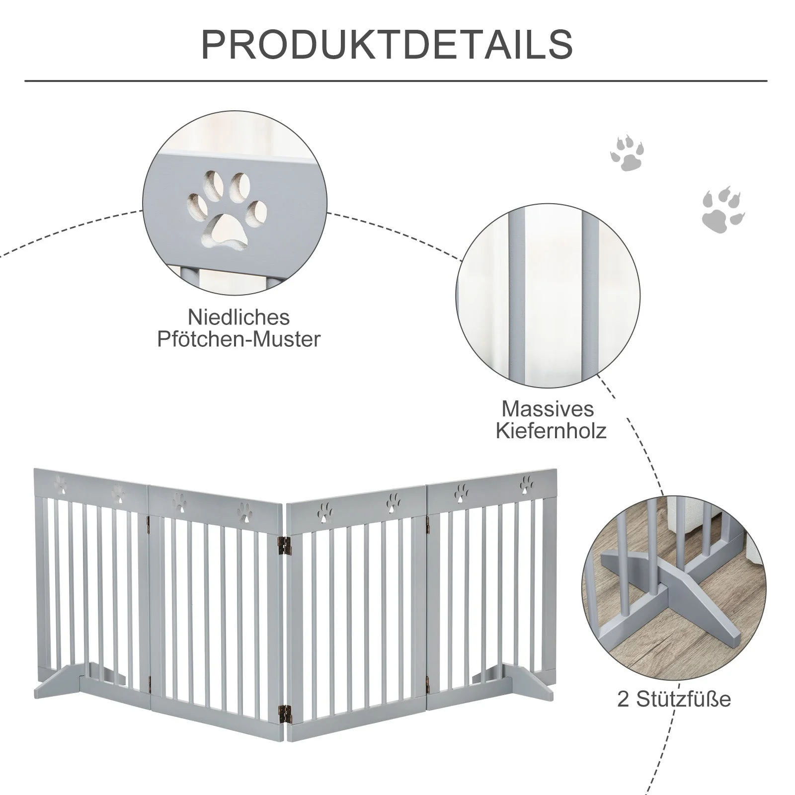 Dog Gate, 4-Part Foldable Freestanding, Wooden Light Grey - Image 6