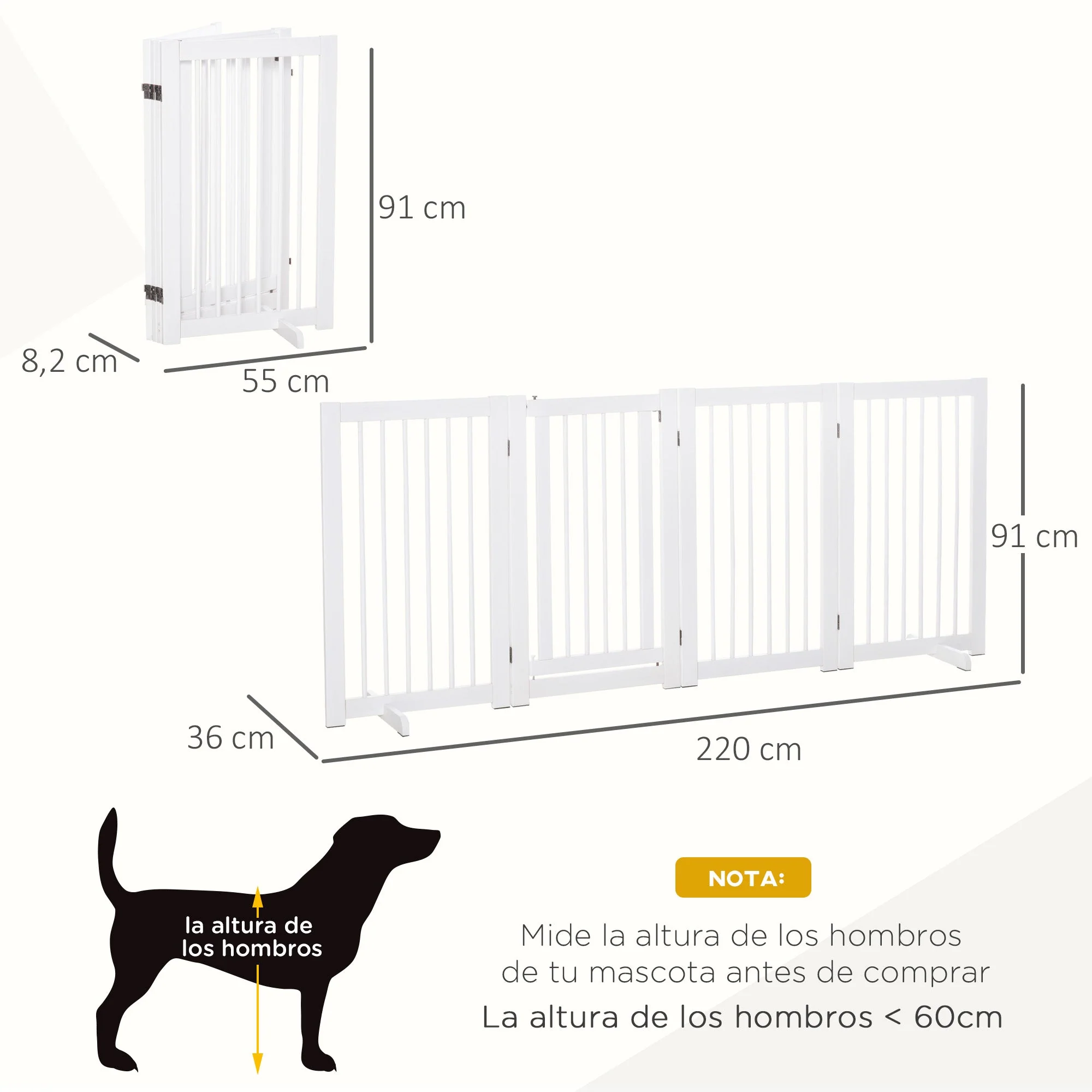 Dog Gate 4-Piece Set Foldable Freestanding 220 x 91 cm, Wooden White - Image 3