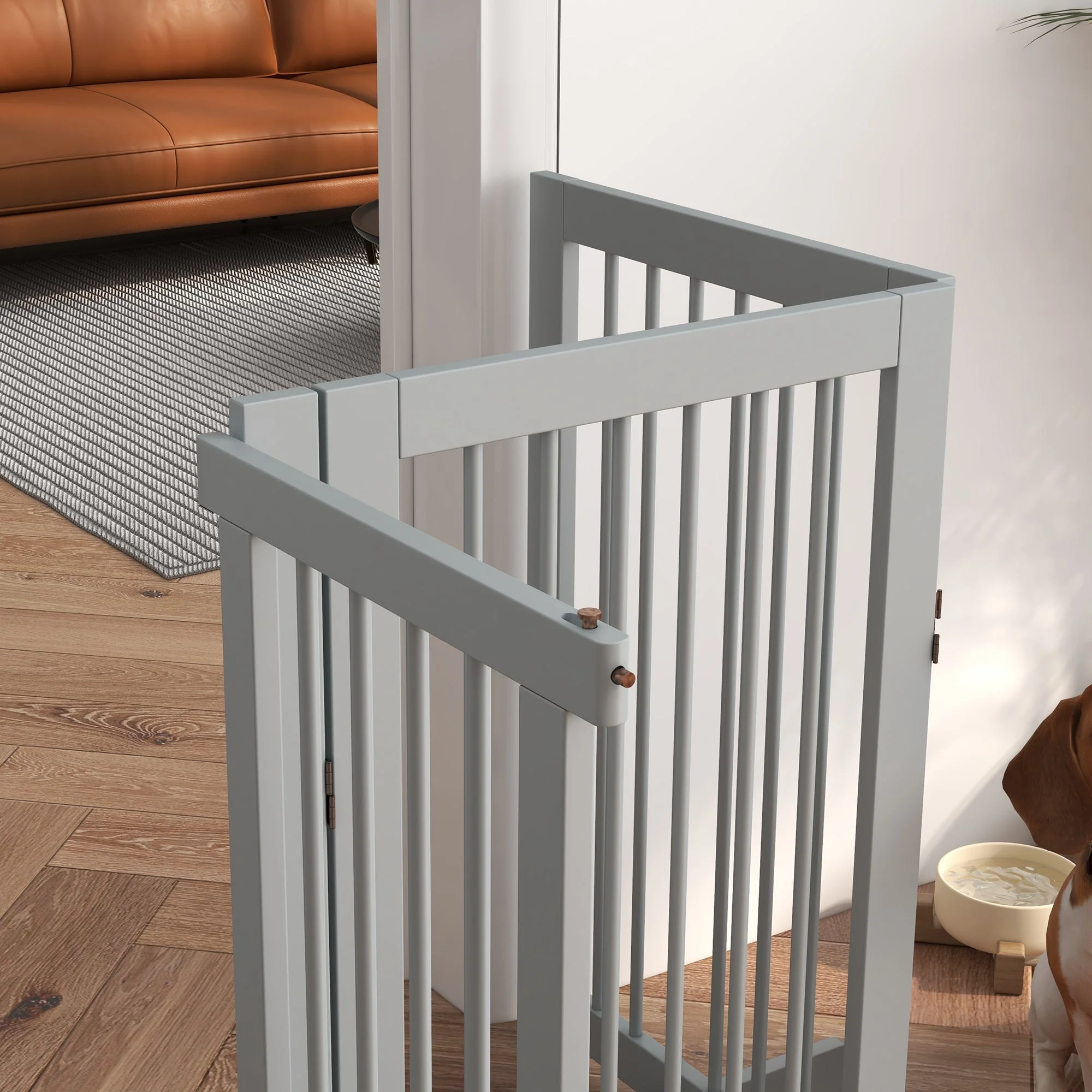 Dog Safety Gate 4-Piece Foldable Door Freestanding Wood Light Gray - Image 3