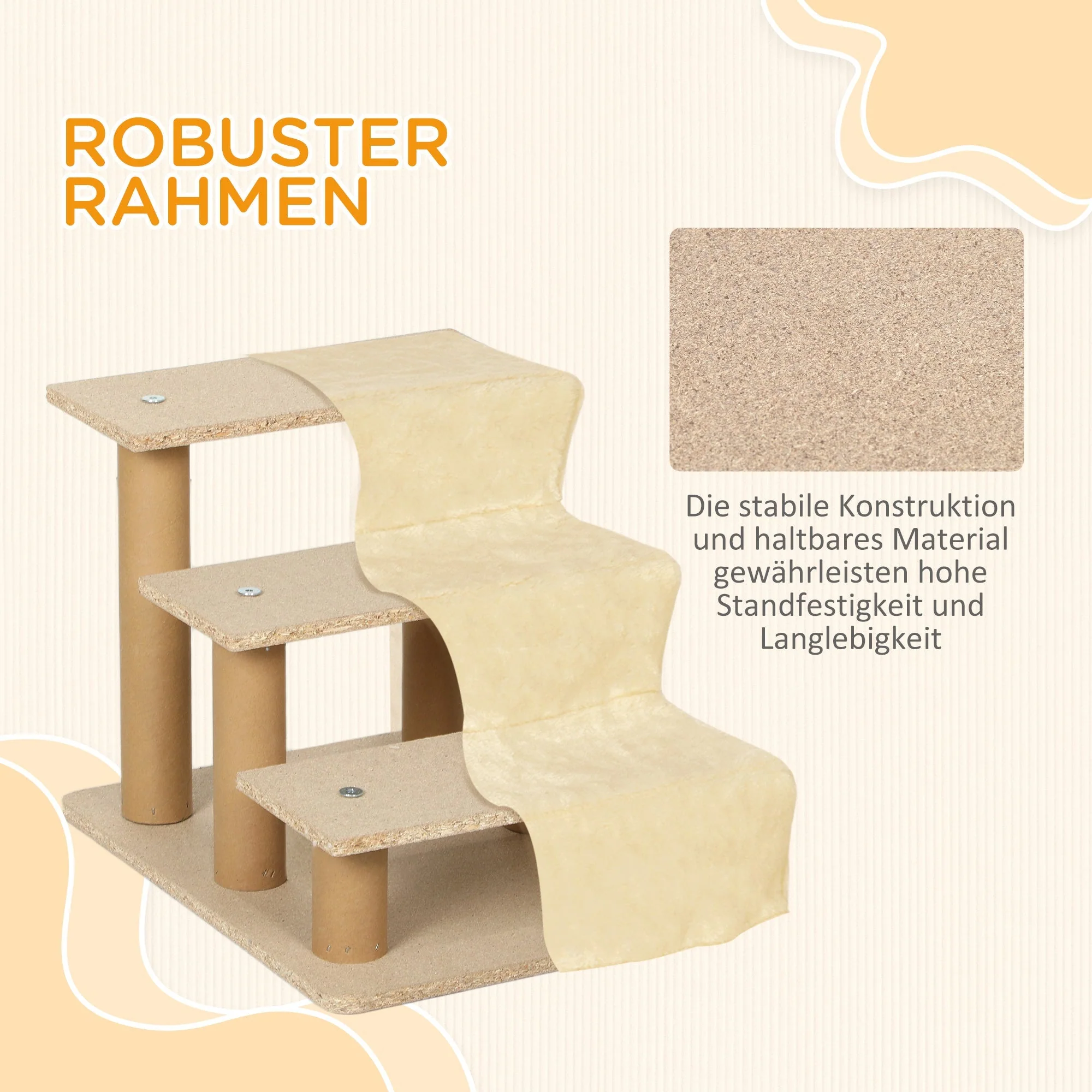 Dog Stairs, 3-Step 35 cm, Plush Look, Beige - Image 6