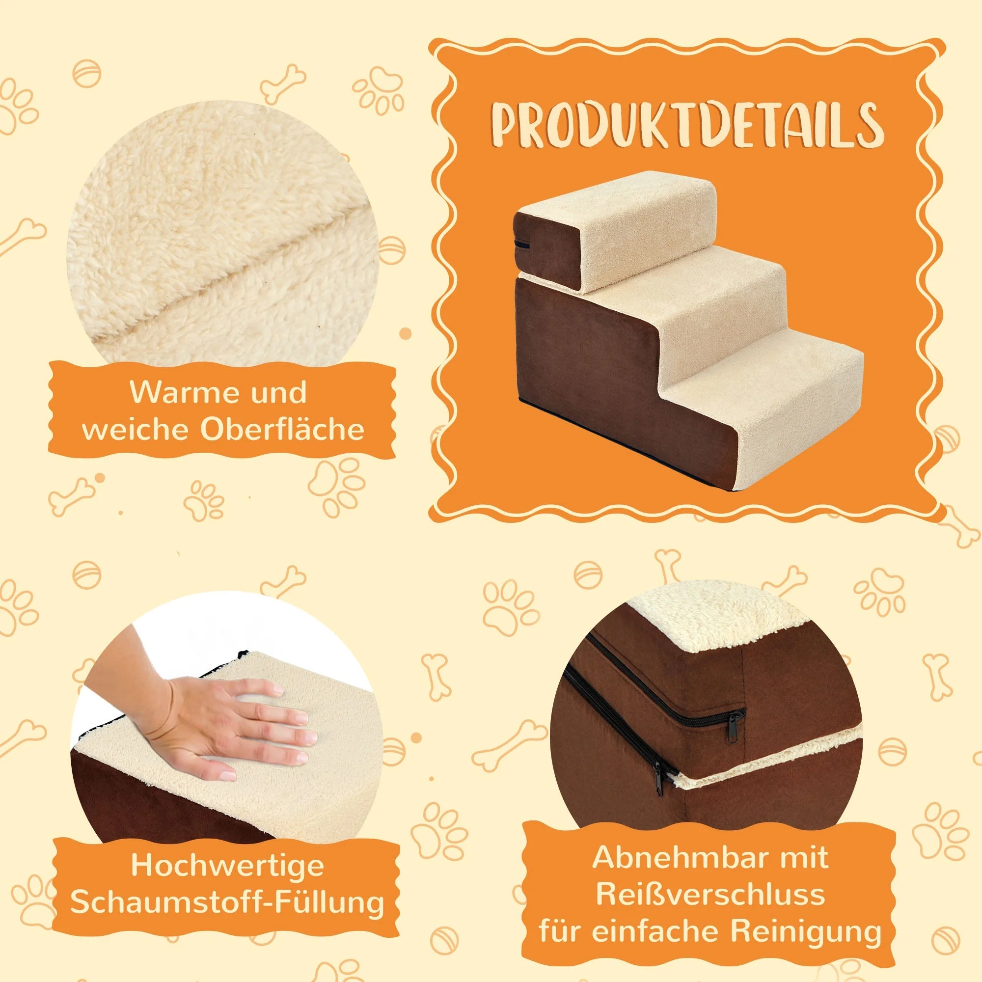 Dog Stairs, 3 Steps Pet Stairs, Plush Beige - Image 5