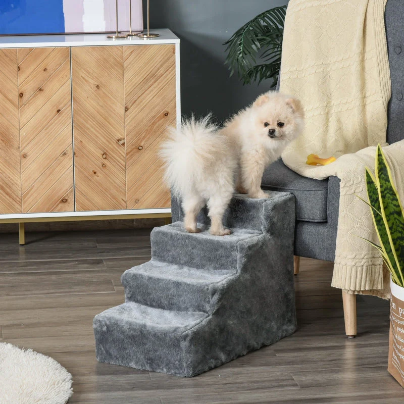 Dog Stairs 4-Step, Pet Stairs 35cm, Plush Look, Light Grey