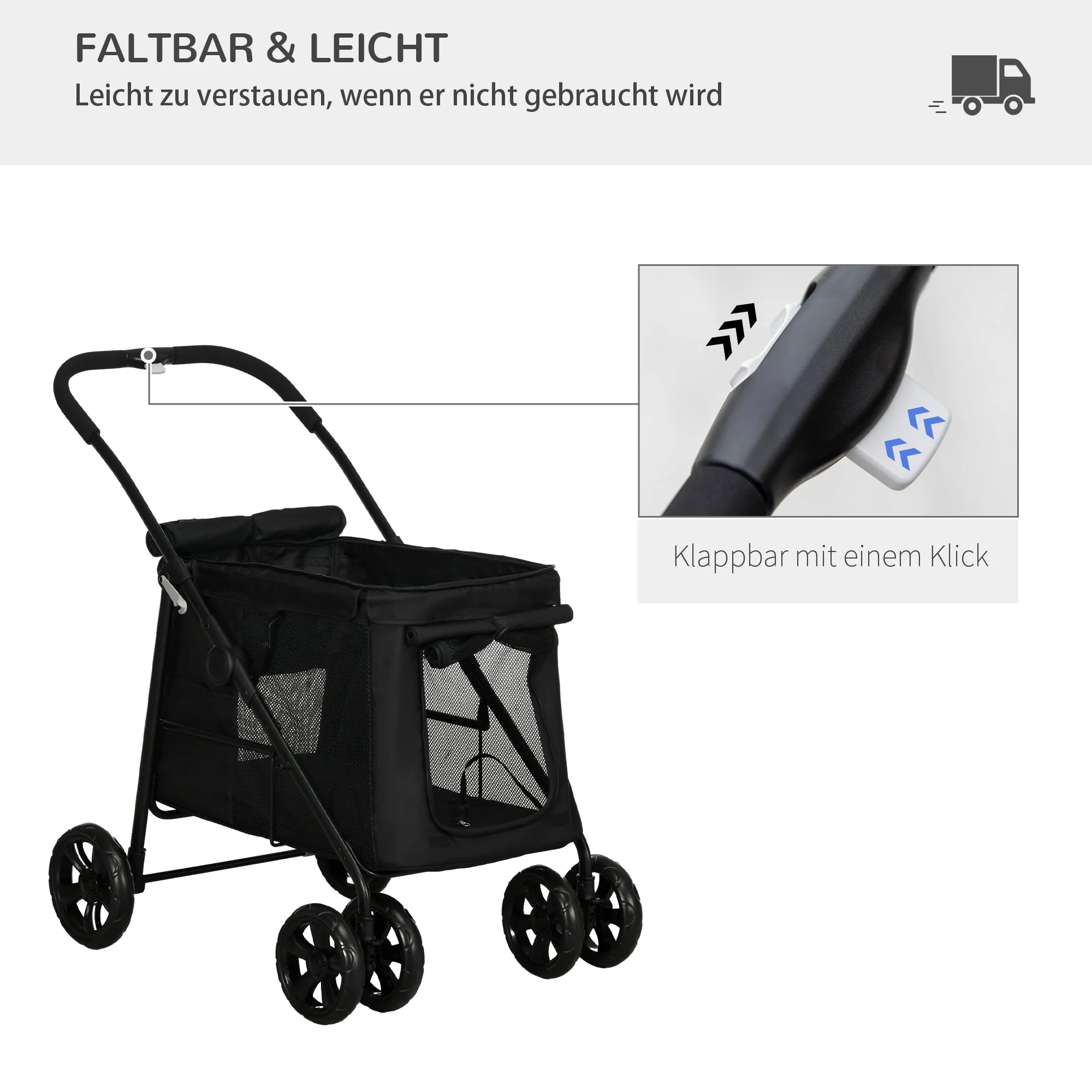 Dog Stroller, Foldable Buggy Mesh Window, Oxford Fabric Black - Image 7
