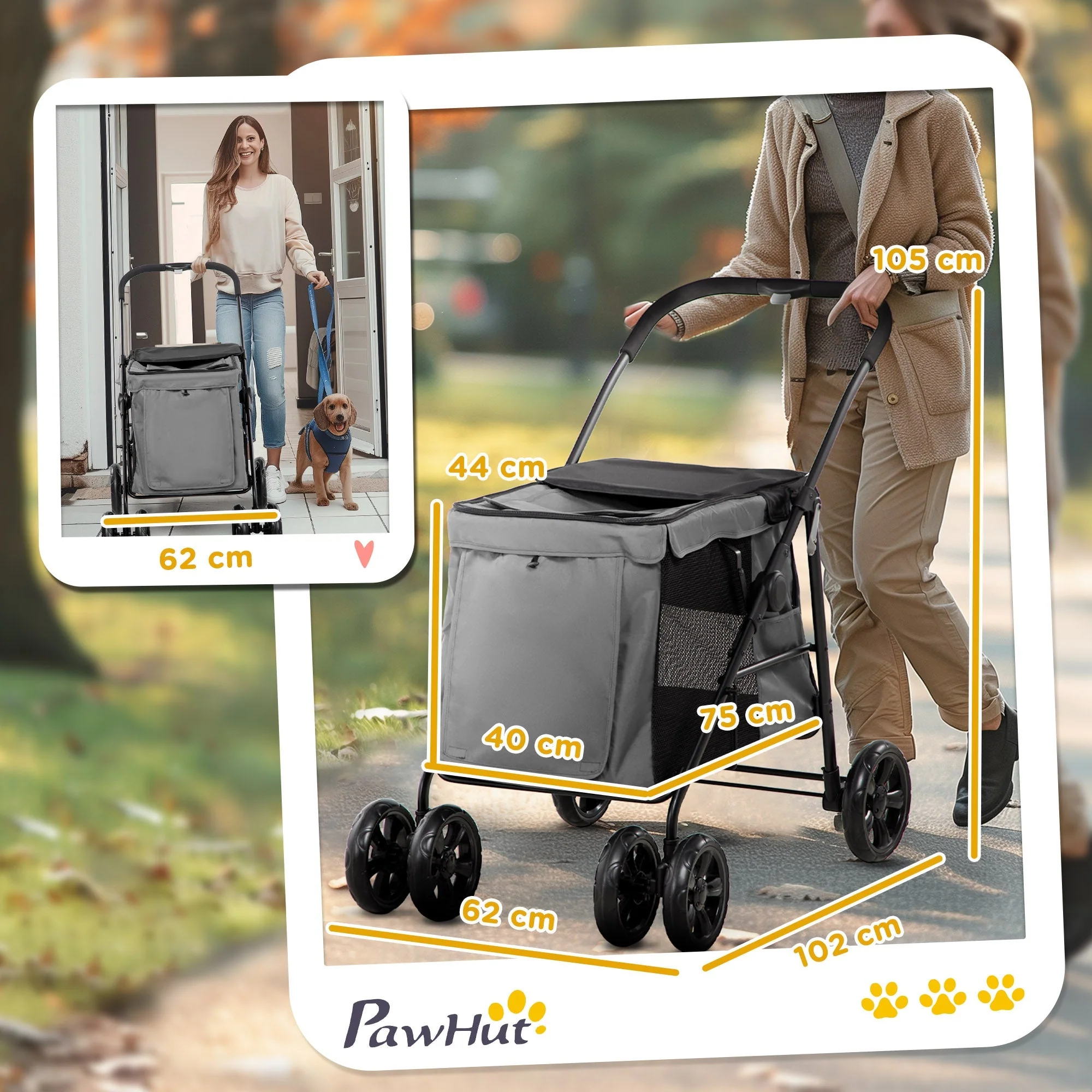 Dog Stroller, Foldable Buggy with Cushion, Grey-Black Oxford Fabric - Image 3