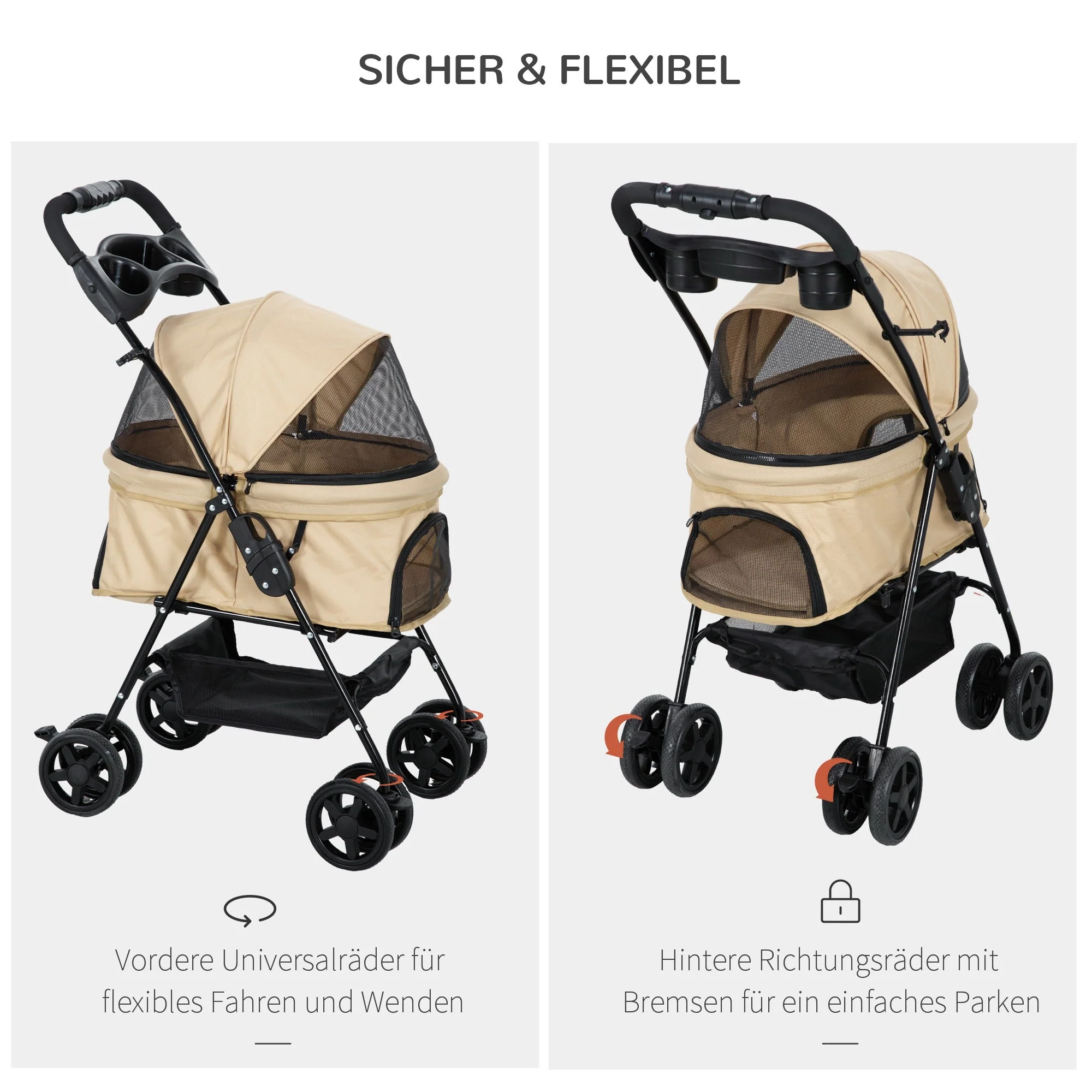 Dog Stroller, Folding Pet Stroller for Small Dogs and Cats, Oxford Khaki - Image 4