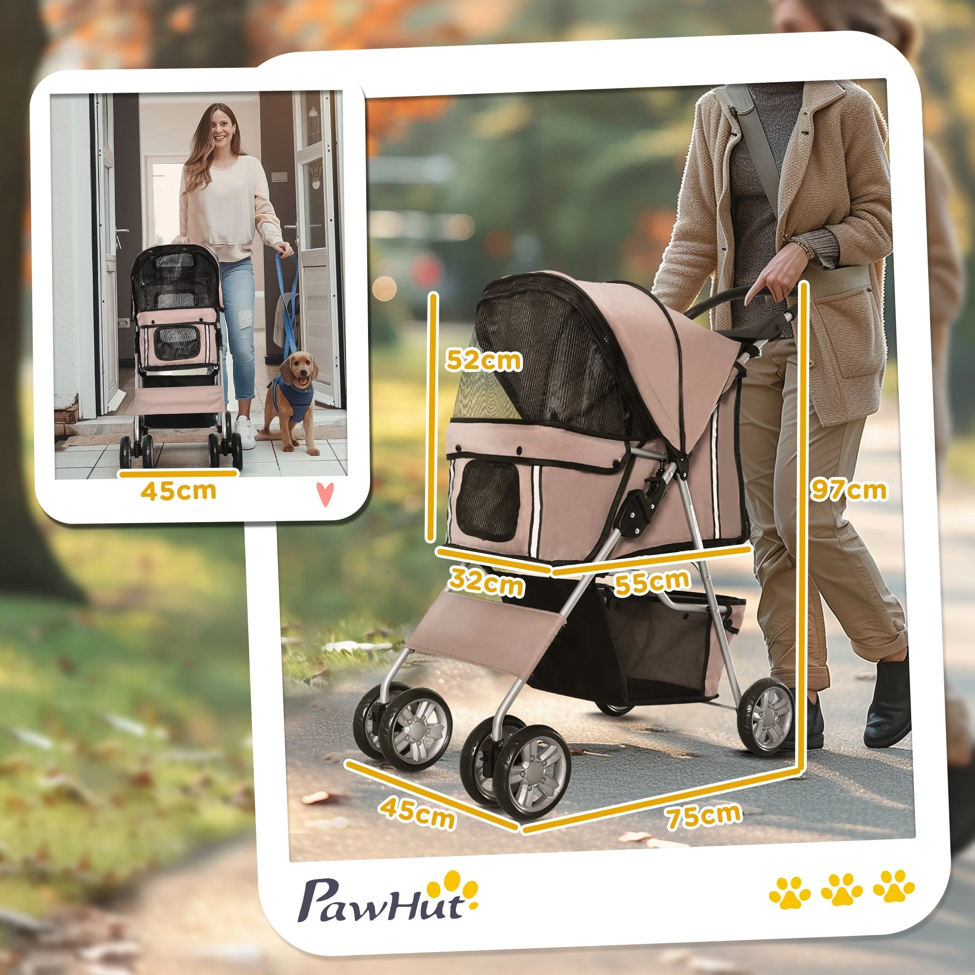 Dog Stroller, Lightweight Foldable Jogger, Coffee Brown - Image 3