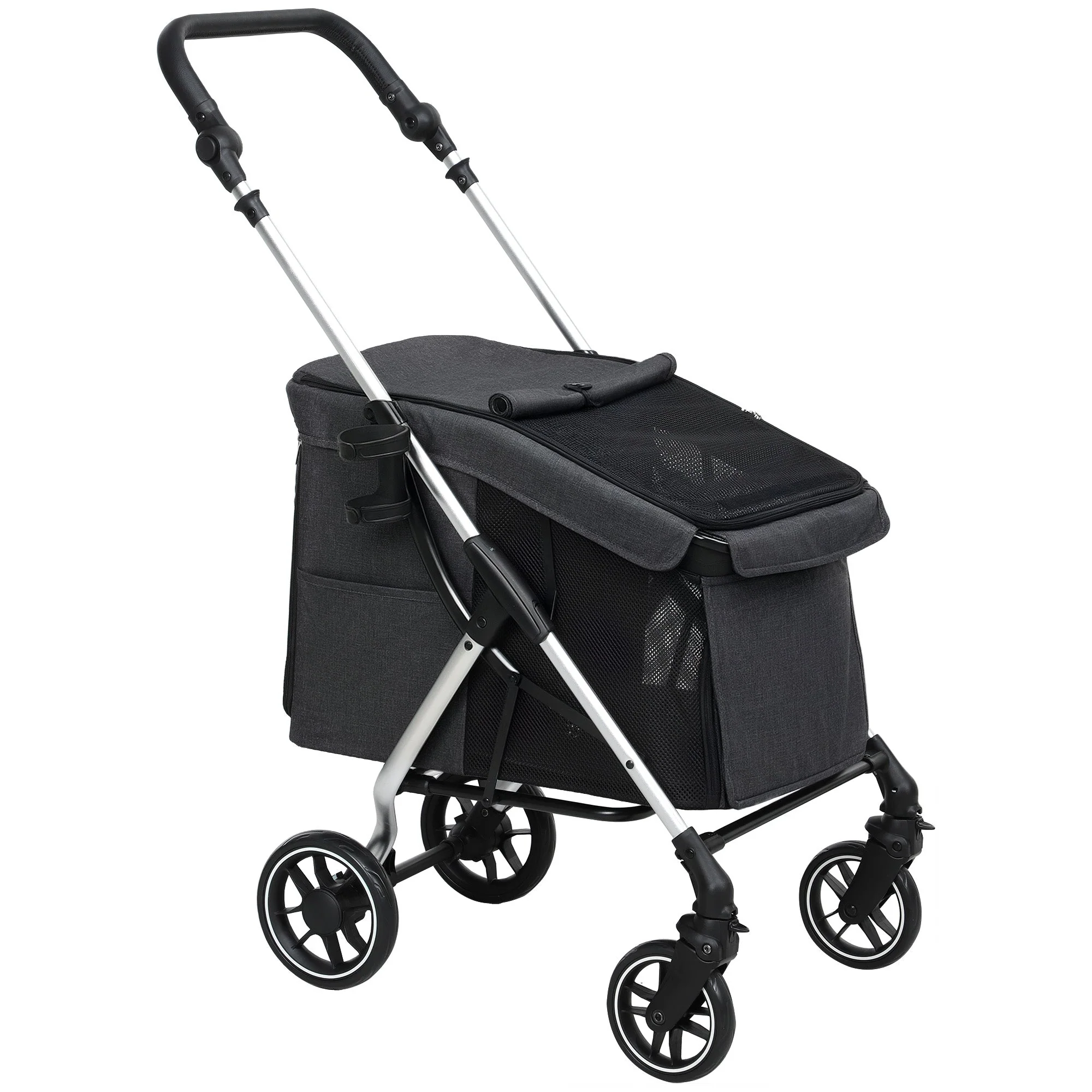 Dog Stroller, Lightweight Foldable with Cushion & Mesh, Aluminum Gray - Image 2
