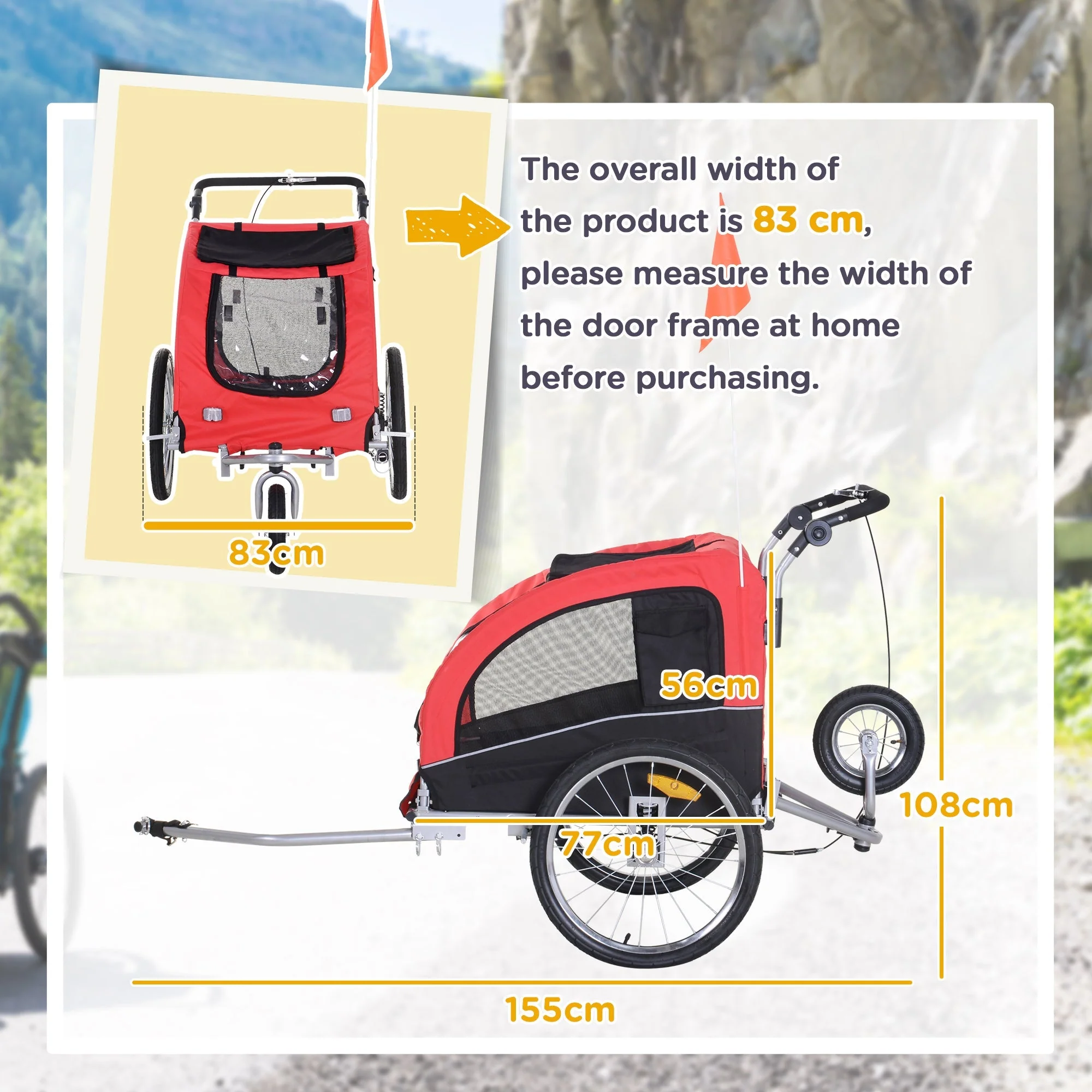 Dog Trailer Jogger, 2-in-1 Bike, Red+Black - Image 3