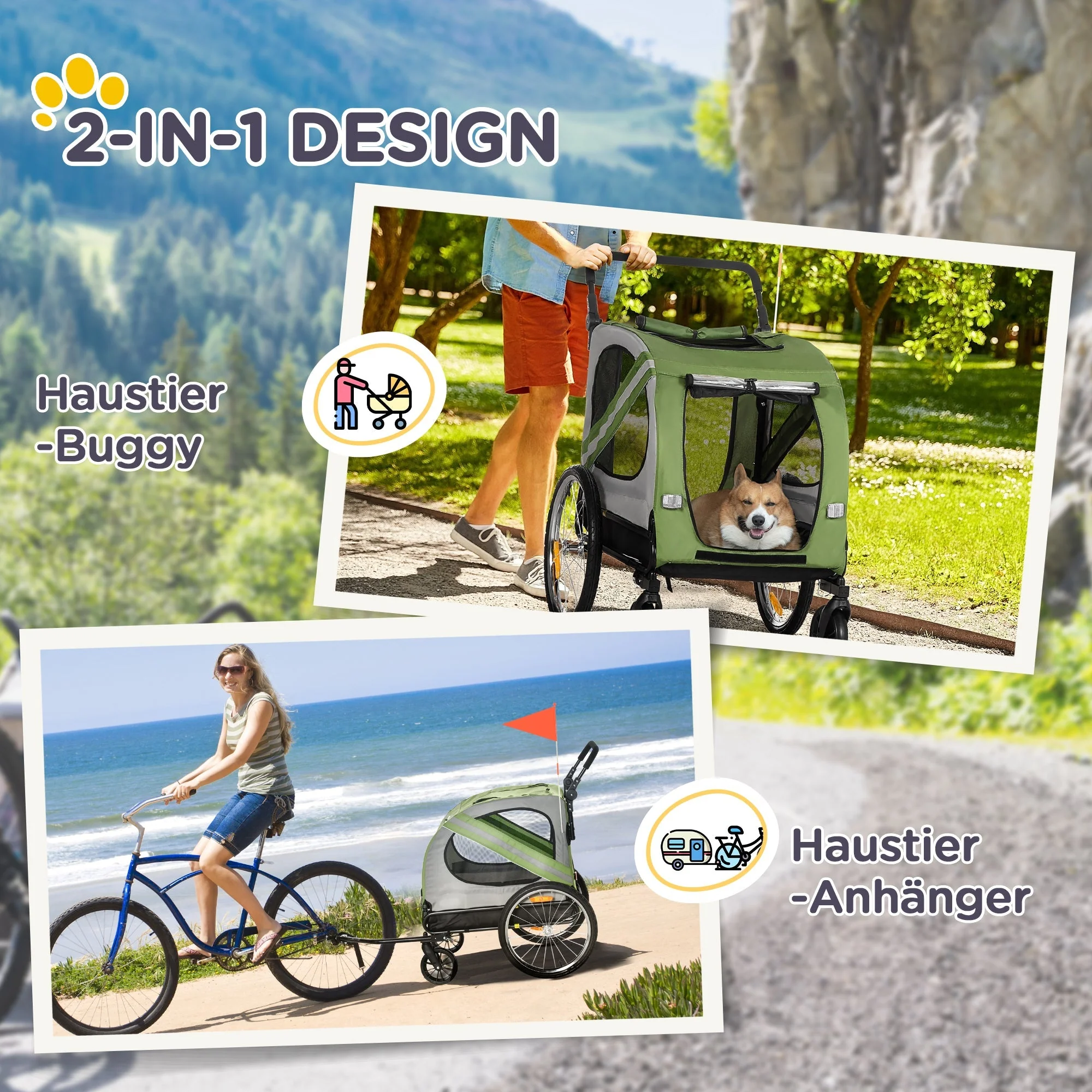 Dog Trailer & Stroller, 2-in-1, Reflectors, Oxford Fabric Green - Image 4