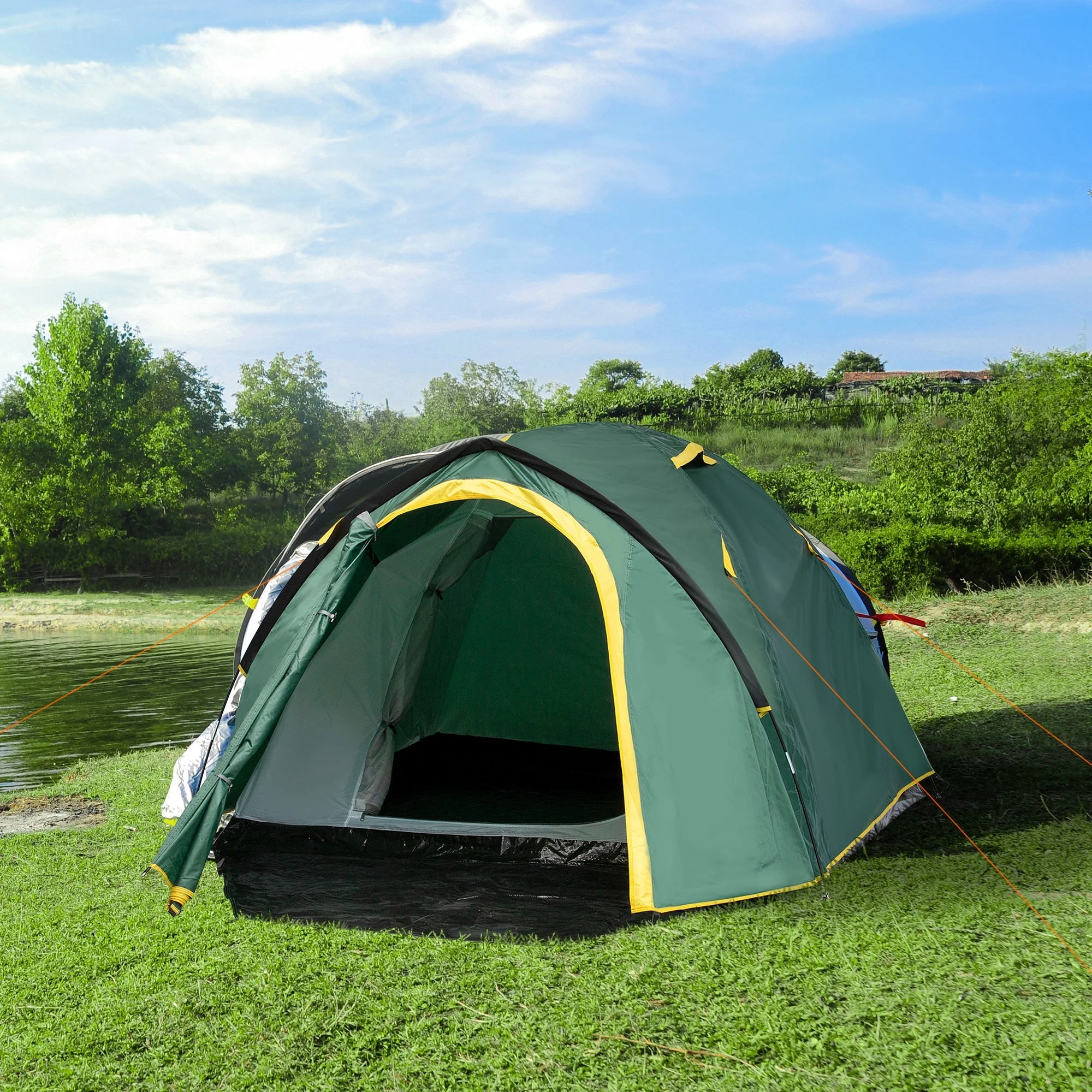 Dome Tent 2-3 Persons Fiberglass Polyester Green+Yellow - Image 2