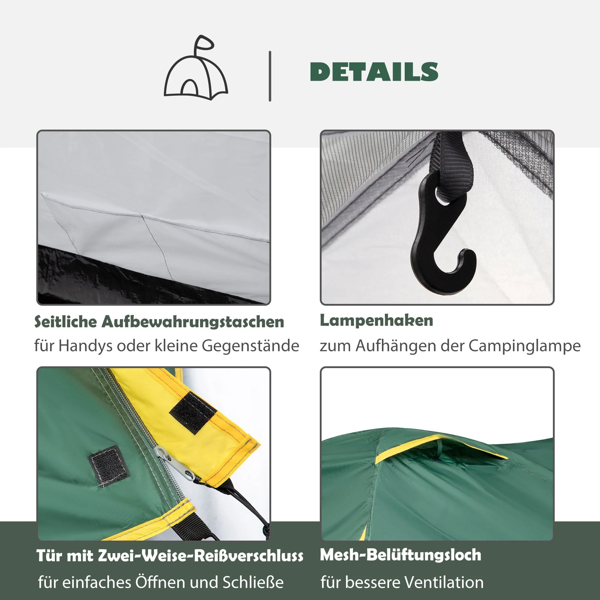 Dome Tent 2-3 Persons Fiberglass Polyester Green+Yellow - Image 5