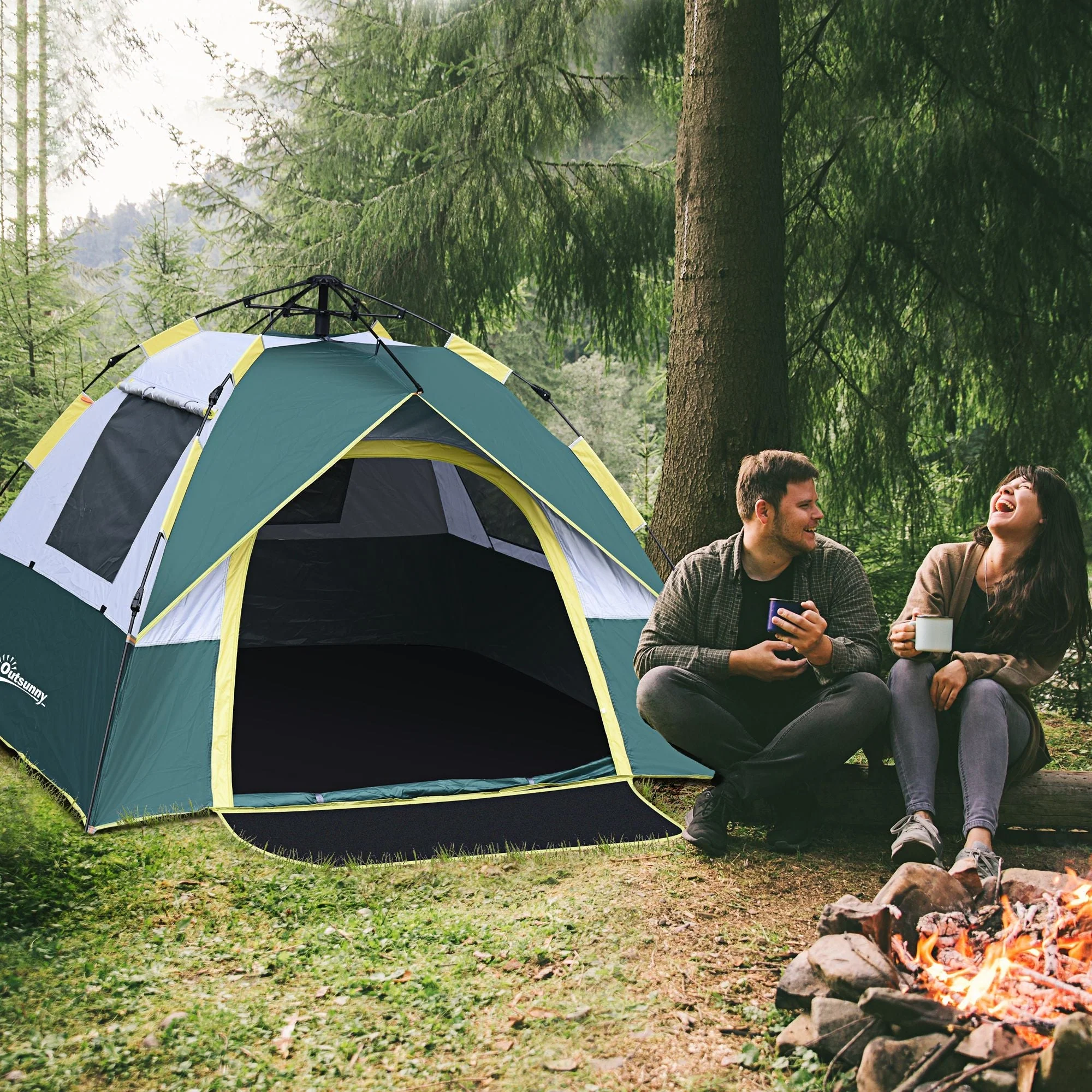 Dome Tent 3-Person 205x195x135cm Polyester, Green - Image 2