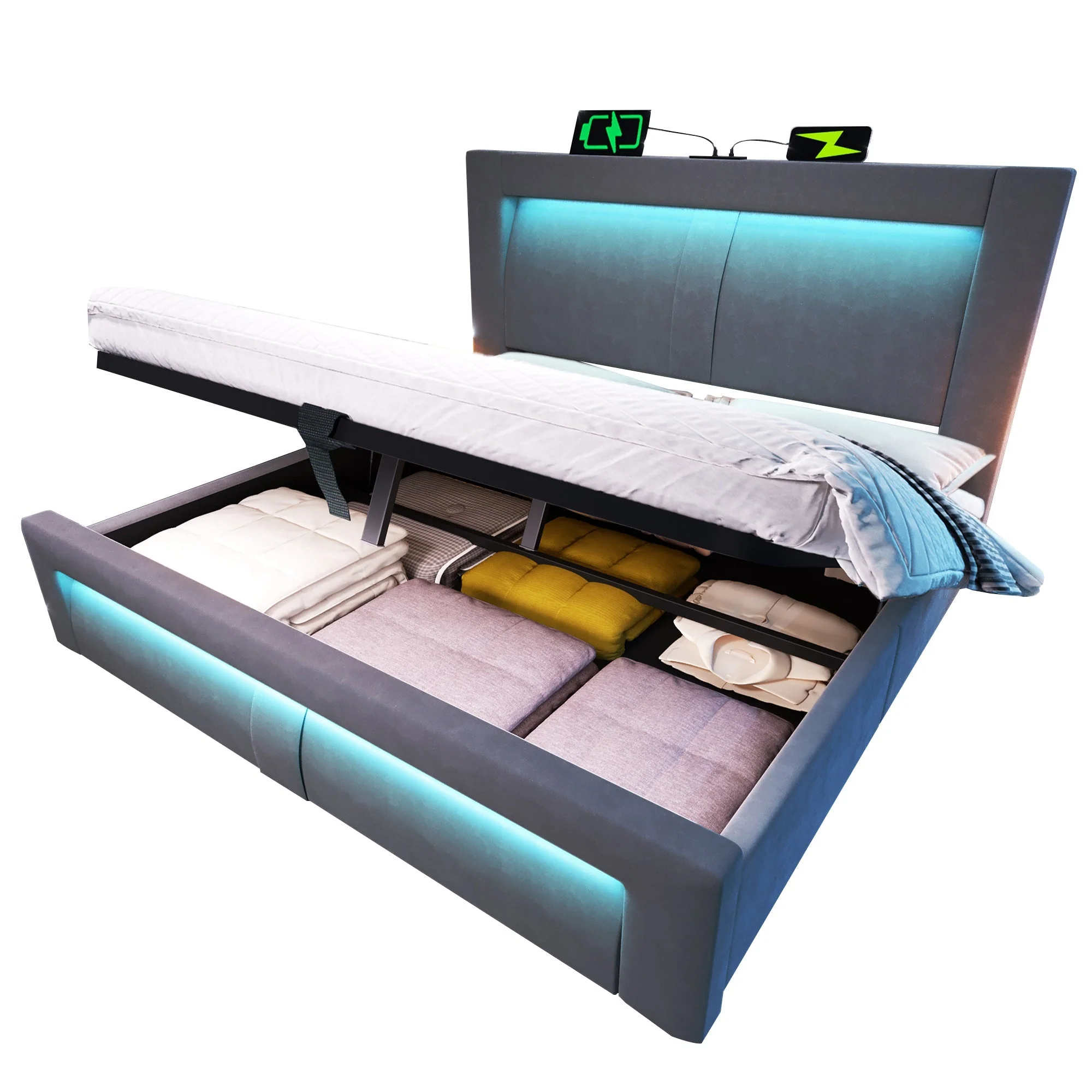 Double Bed 140x200 cm with Hydraulic Storage, LED, USB and Type-C, Grey Velvet - Image 3