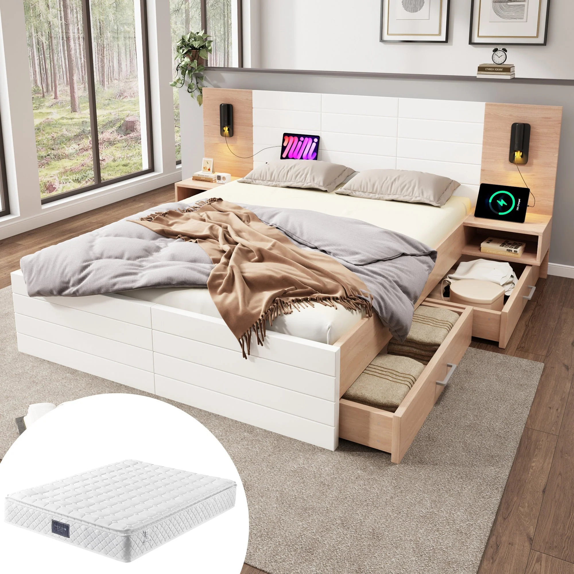 Double Bed 140x200cm, 2 Drawers, USB Reading Light, 2 Bedside Tables, Oak/White Wood