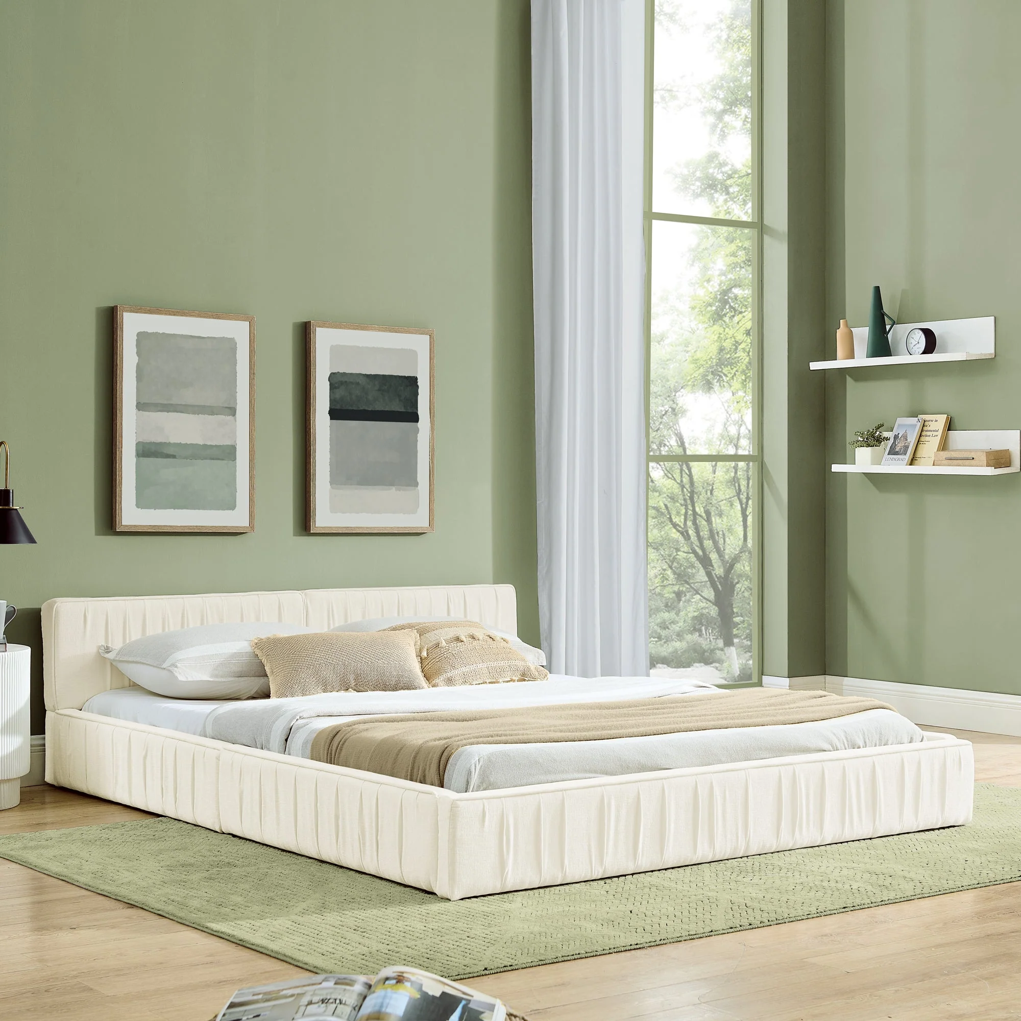 Double Bed 140x200cm Chenille Cover Eucalyptus Frame - Beige