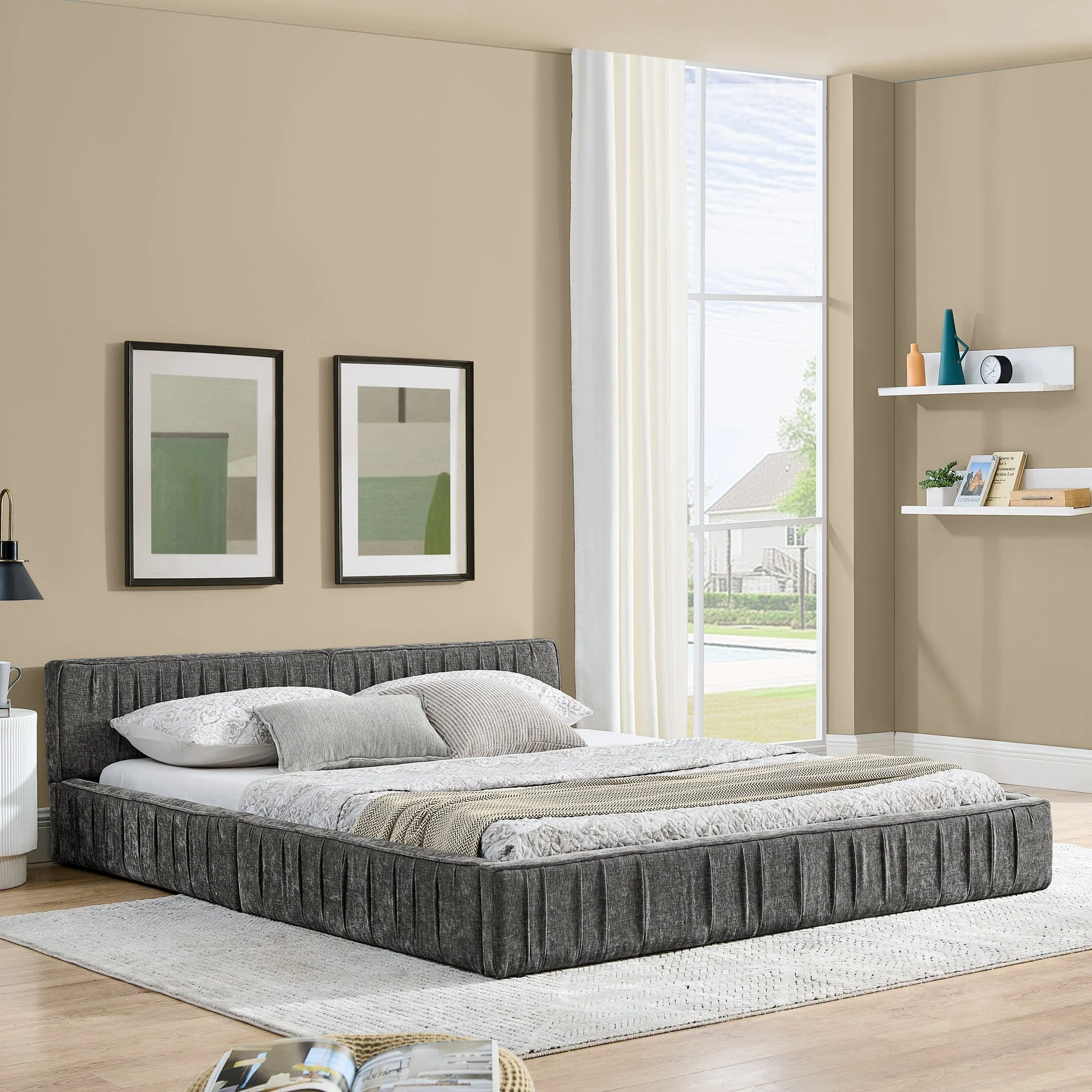 Double Bed 140x200cm Chenille Cover Iron Frame - Dark Grey