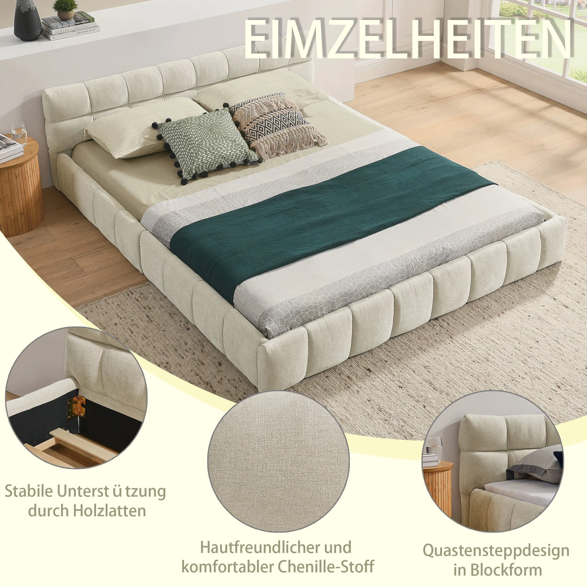 Double Bed 140x200cm, Chenille Cover Quilted Design Eucalyptus Wood Frame, Beige - Image 2