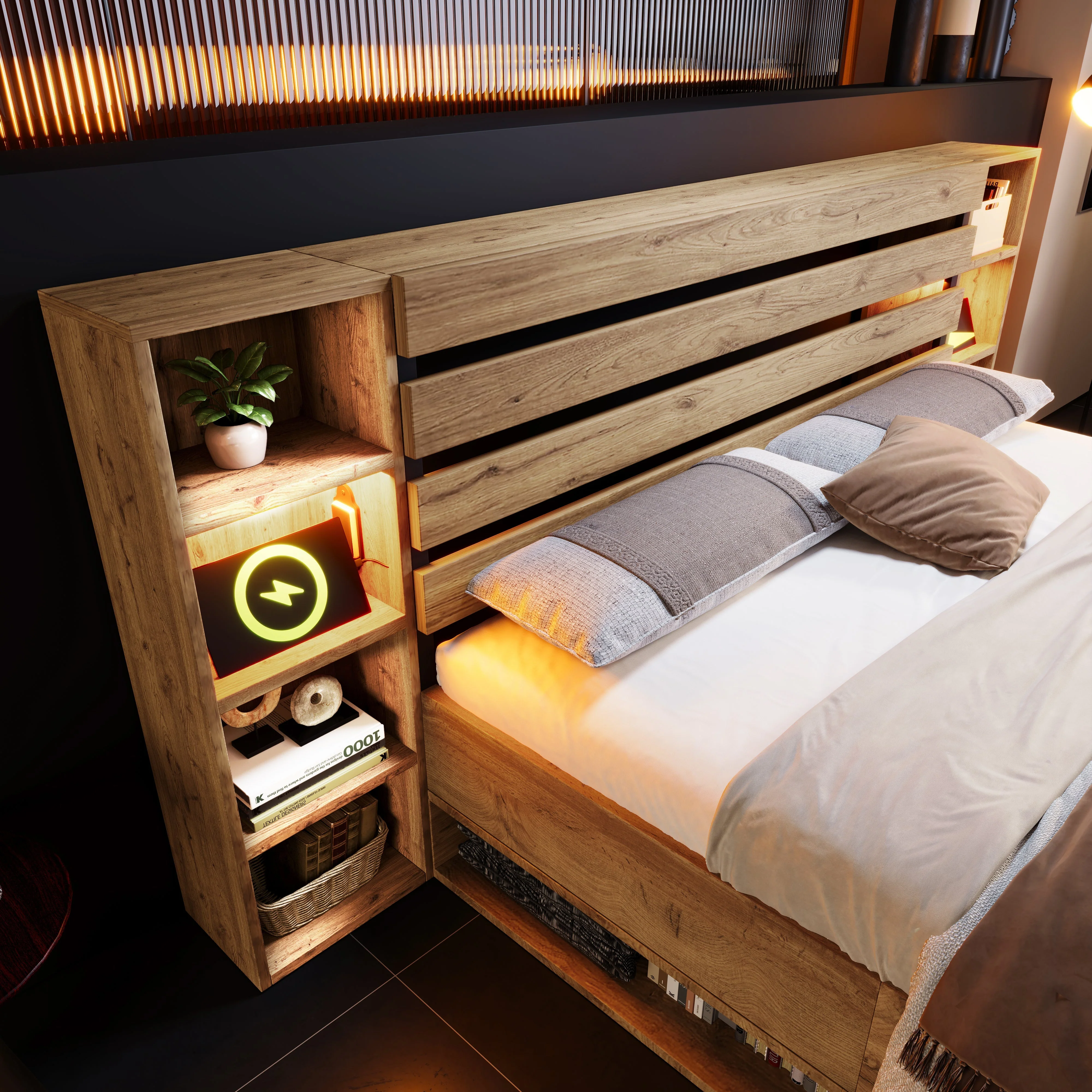 Double Bed 160x200 Storage LED/USB Headboard Drawers Solid Wood Oak - Image 4