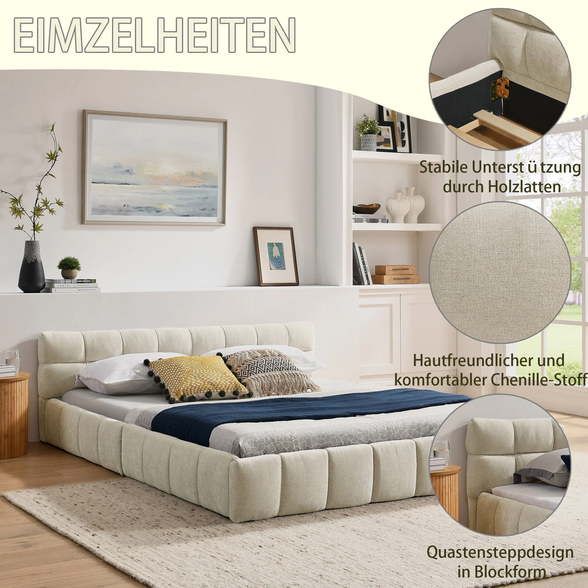 Double Bed 160x200cm, Chenille Quilted Eucalyptus Wood Frame, Beige - Image 3