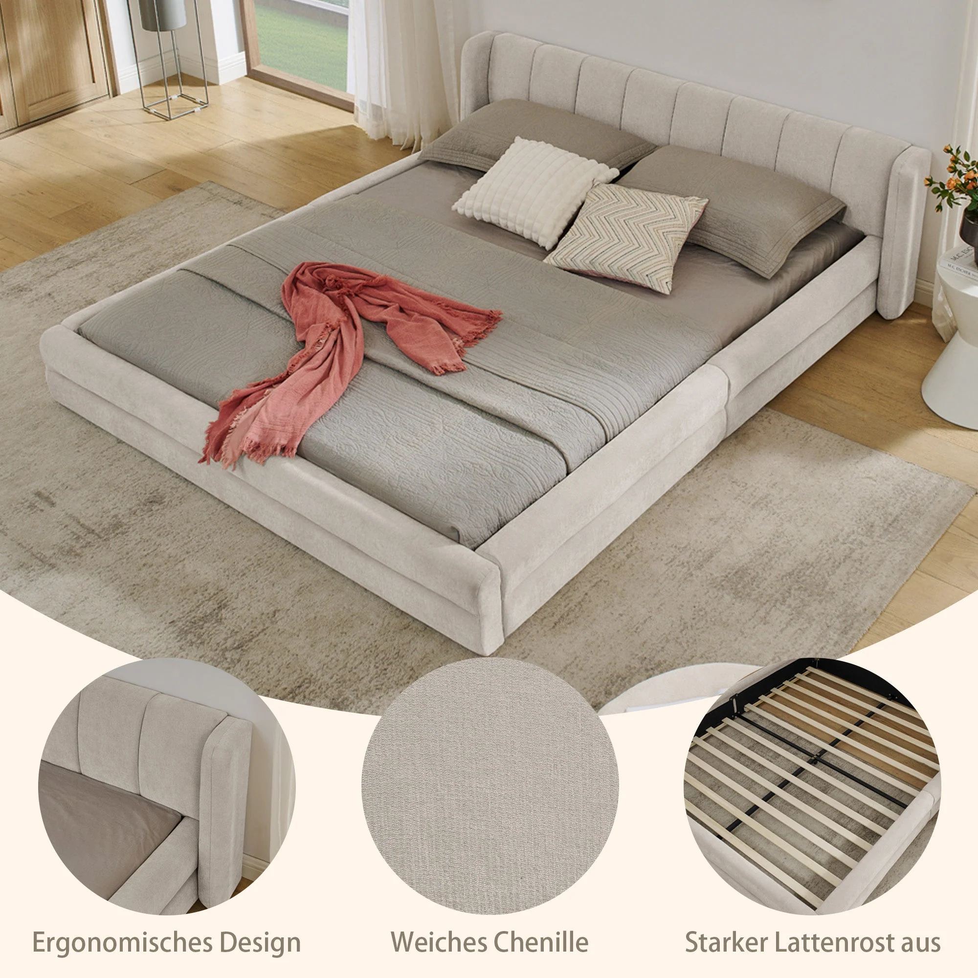 Double Bed 160x200cm Comfortable Backrest Sturdy Frame Easy Assemble Beige Chenille - Image 2