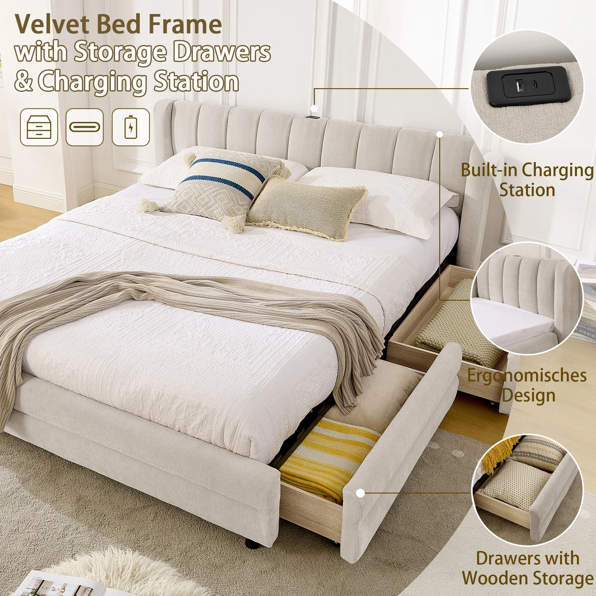 Double Bed 160x200cm Storage USB Charging Port Soft Chenille Beige - Image 2