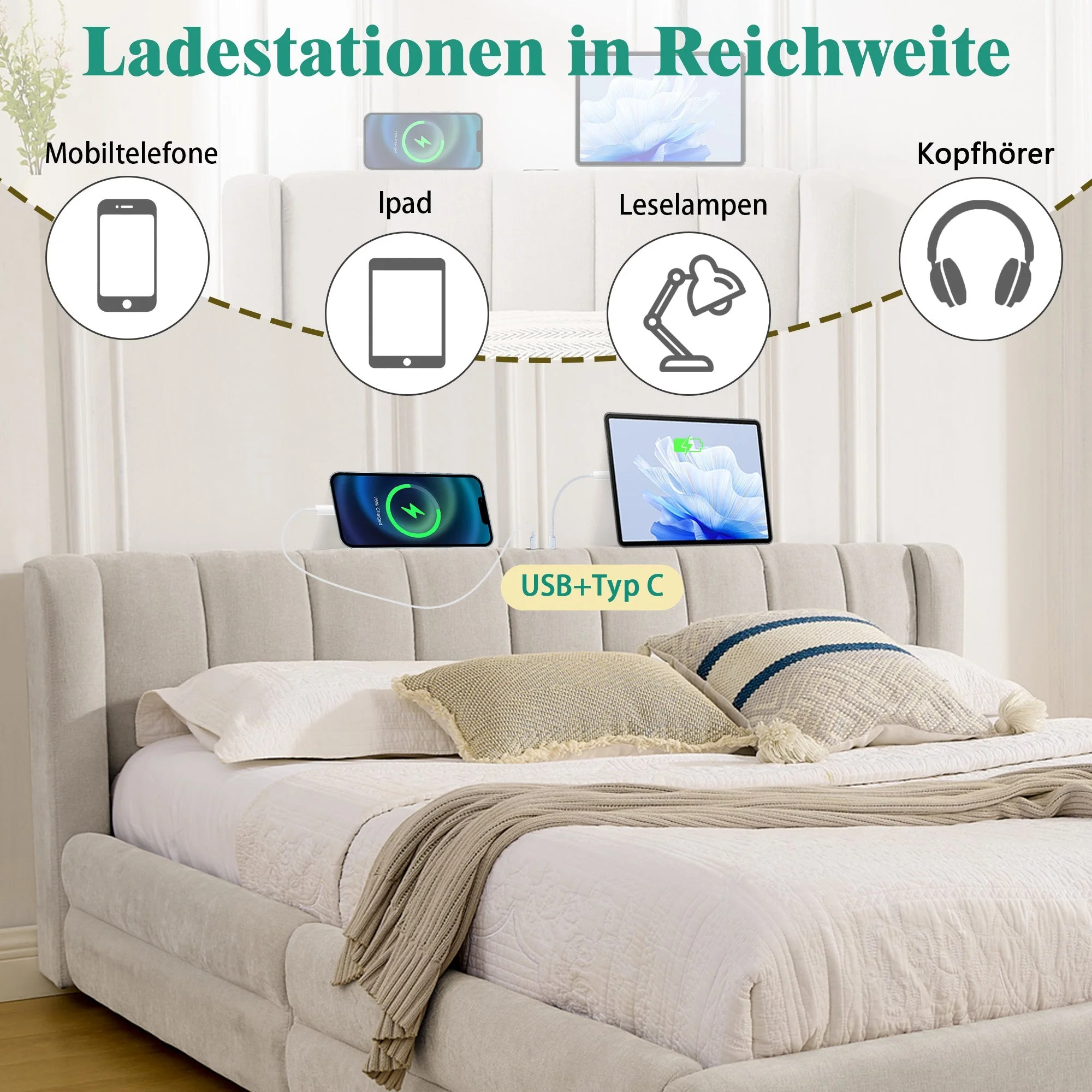 Double Bed 160x200cm Storage USB Charging Port Soft Chenille Beige - Image 3