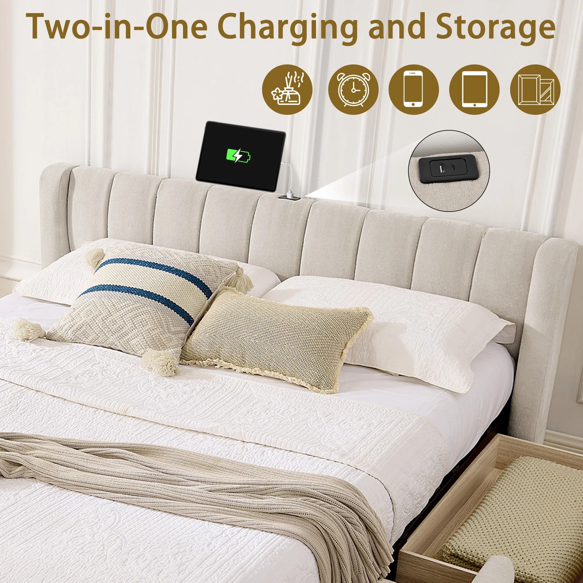 Double Bed 160x200cm Storage USB Charging Port Soft Chenille Beige - Image 6