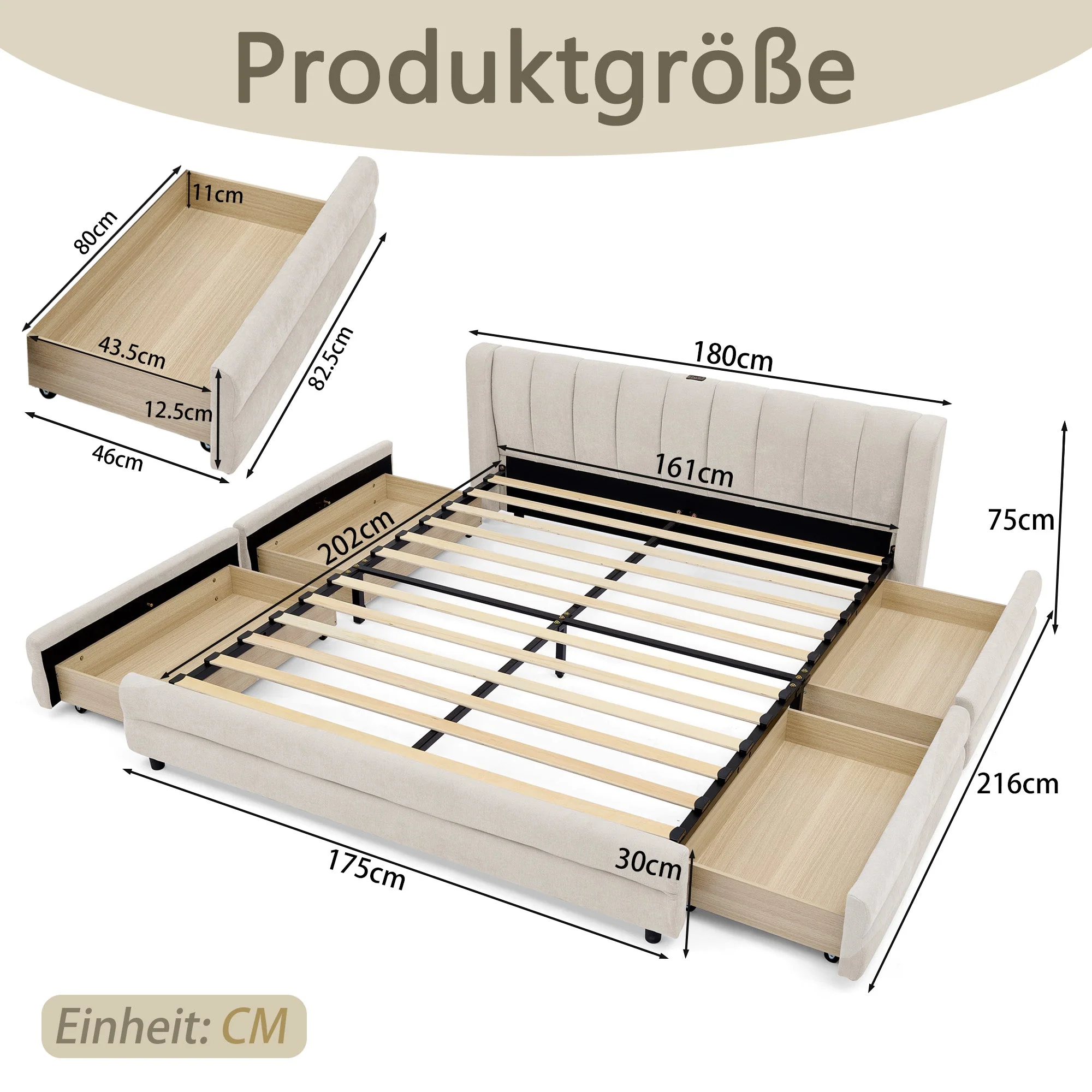Double Bed 160x200cm Storage USB Charging Port Soft Chenille Beige - Image 7