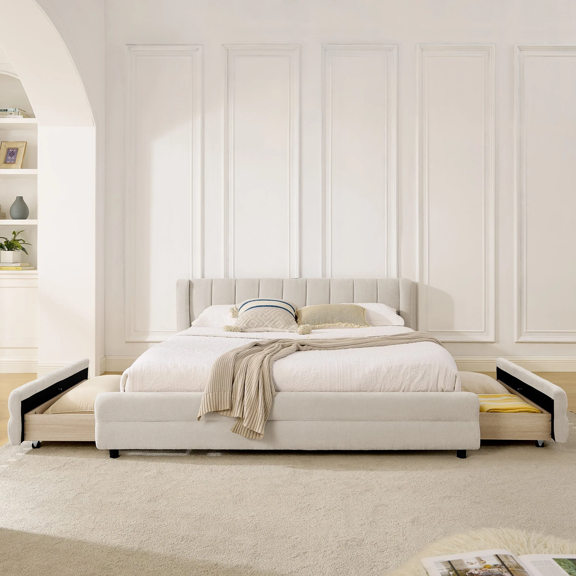 Double Bed 160x200cm Storage USB Charging Port Soft Chenille Beige - Image 8