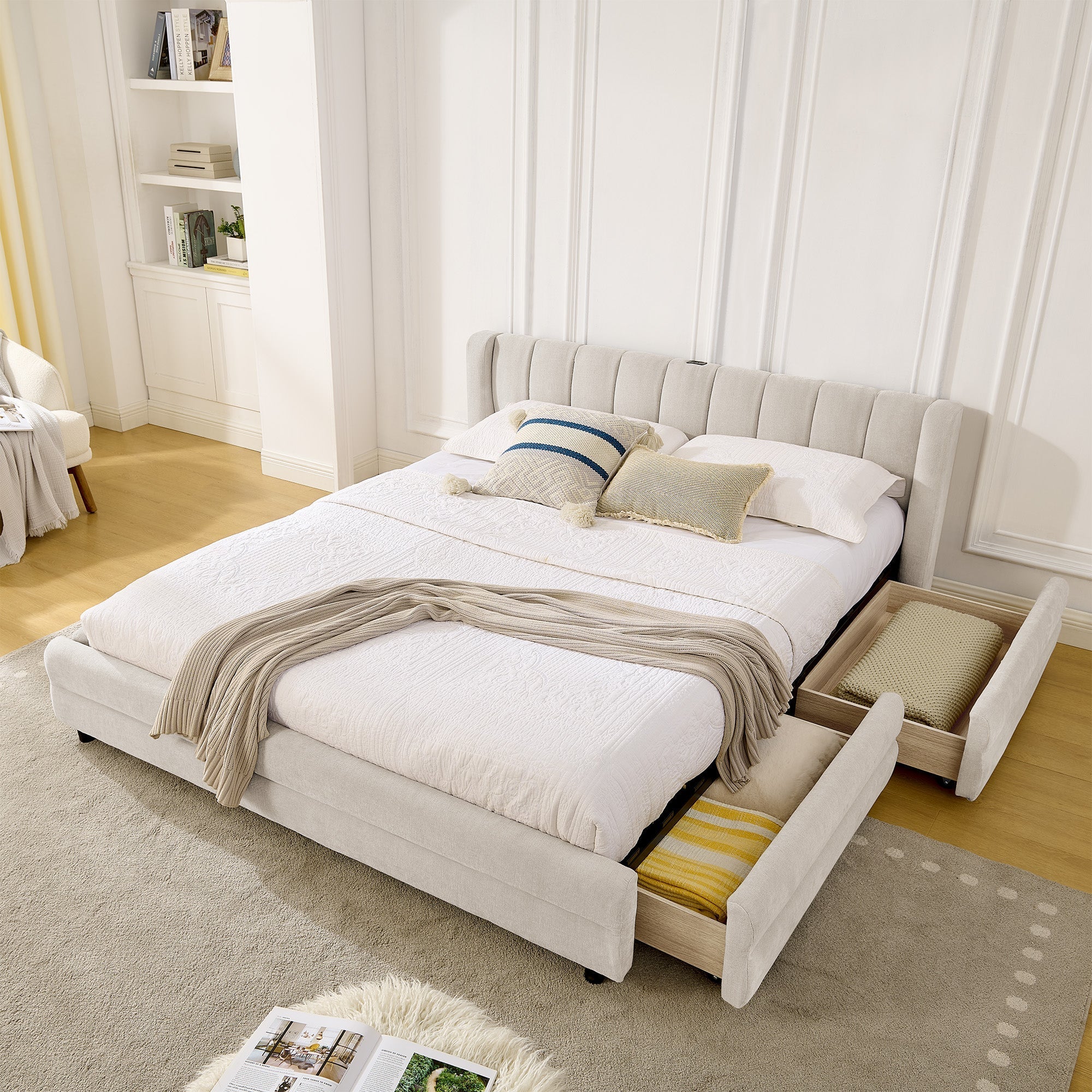 Double Bed 160x200cm Storage USB Charging Port Soft Chenille Beige - Image 9