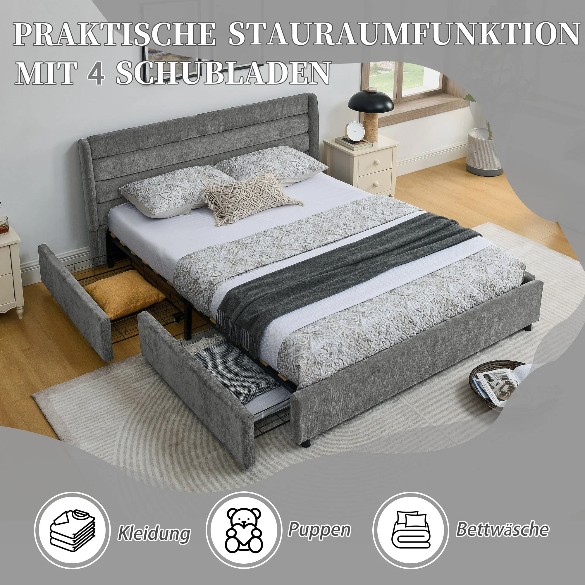 Double Bed 160x200cm with 4 Large Storage Drawers, Dark Grey Chenille - Image 3