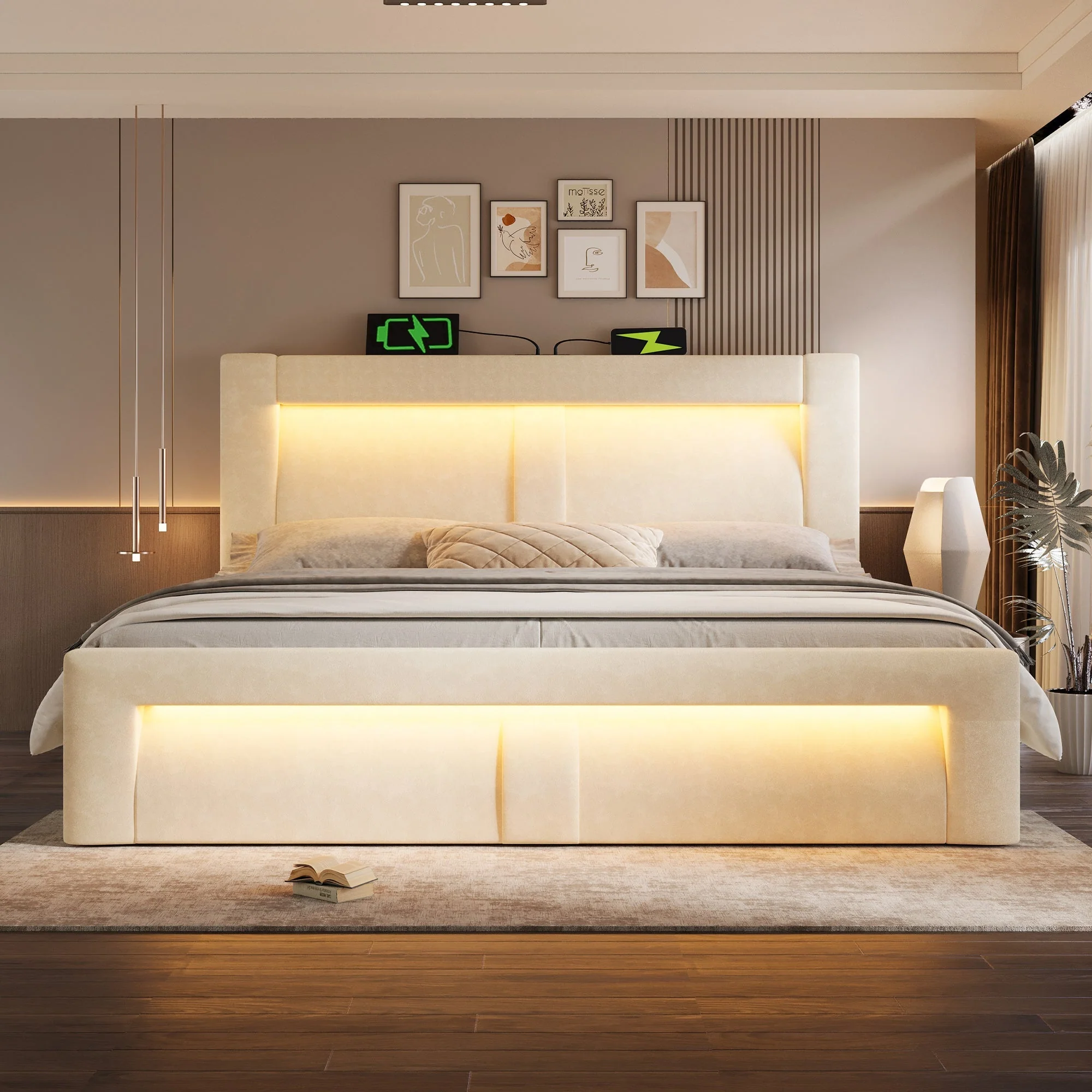 Double Bed 180x200cm Hydraulic Storage LED USB Charging Curved Headboard Beige Velvet - Image 8