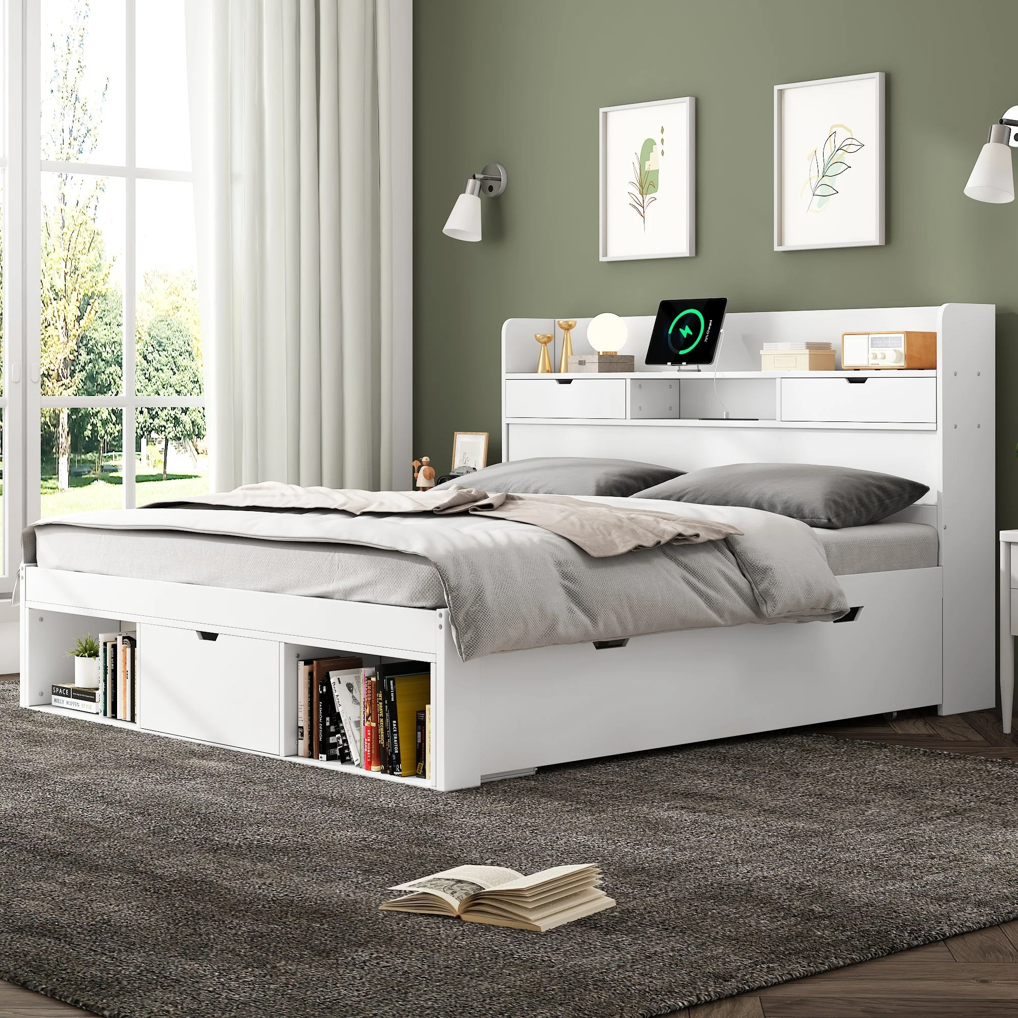Double Bed 180x200cm with USB Port, Drawers and Storage Cabinet, White - Image 3