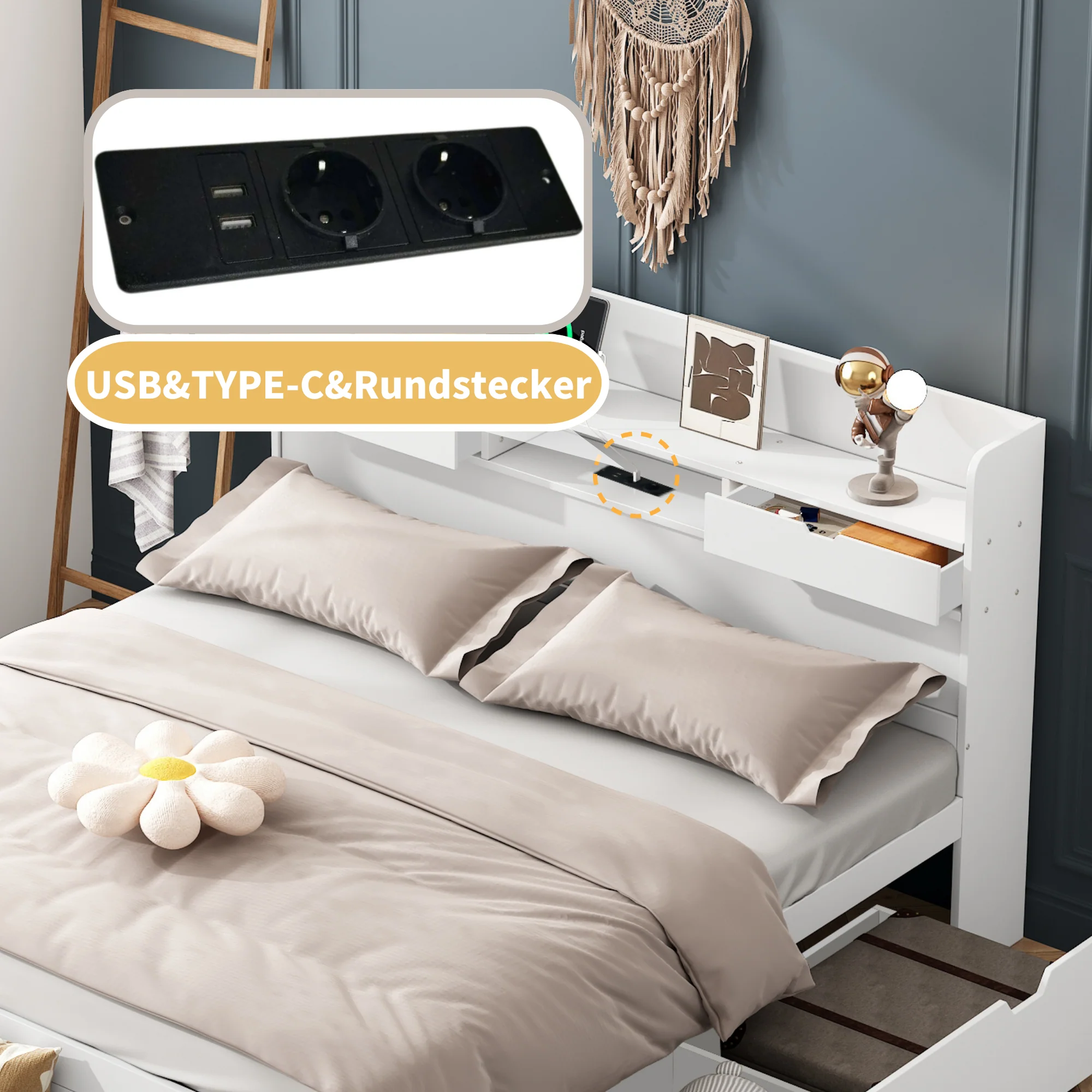 Double Bed 180x200cm with USB Port, Drawers and Storage Cabinet, White - Image 6