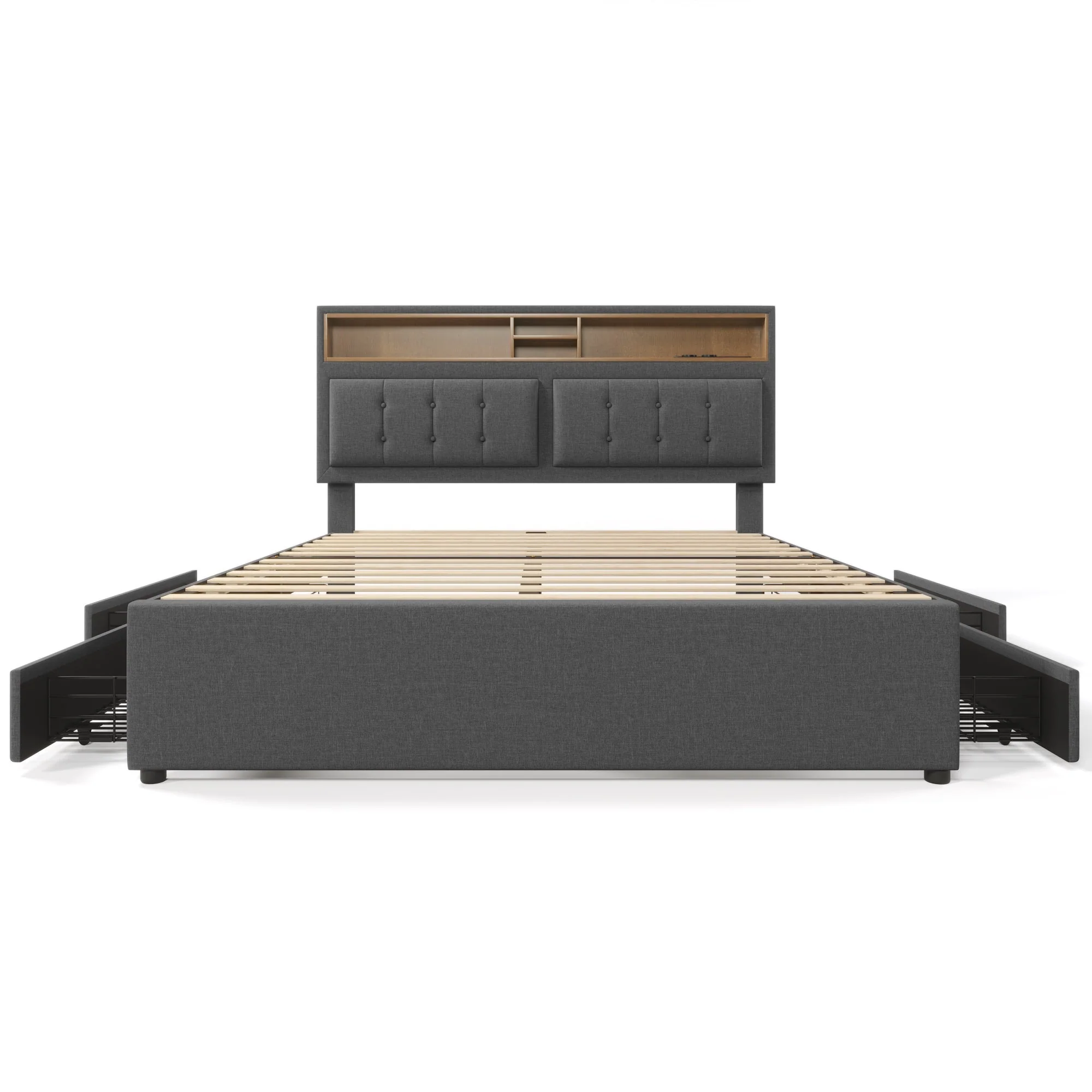 Double Bed, 4 Drawers, USB-C, Adjustable Headboard, Wooden Slats, Upholstered - Image 3