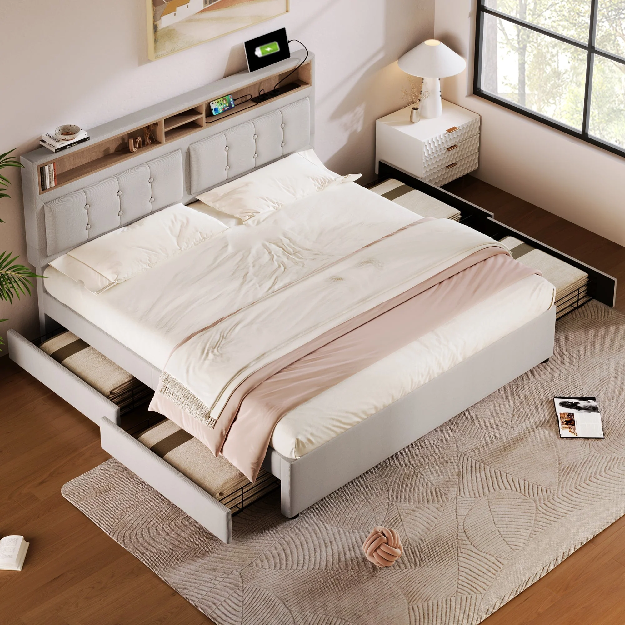 Double Bed 4 Drawers USB C Socket Adjustable Headboard Upholstered 140x200cm - Image 2