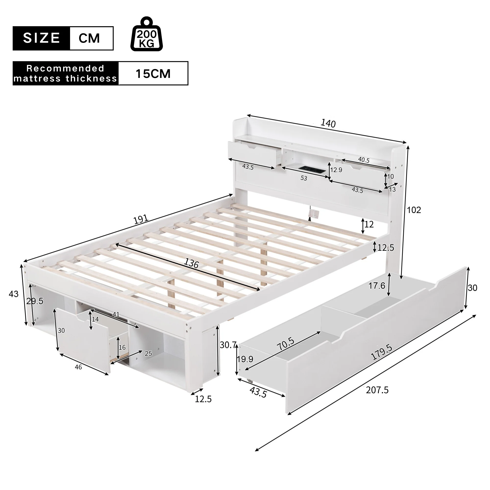 Double Bed 4ft6 (135*190cm) with USB Port, Drawers & Storage Cabinet, White - Image 8