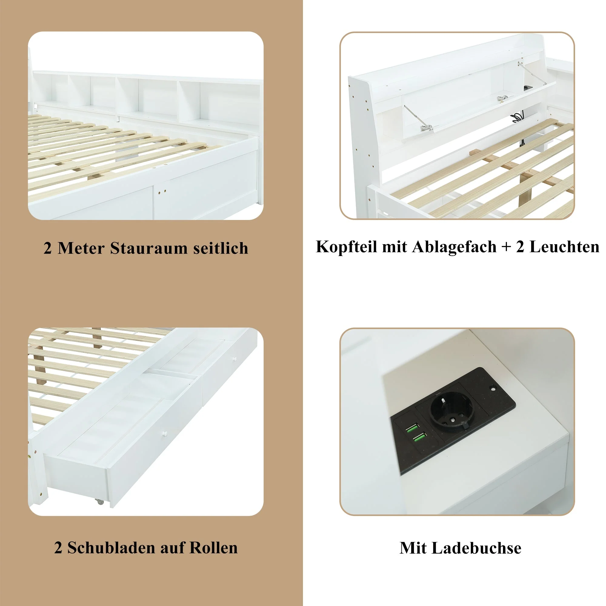 Double Bed Panel Headboard Storage Lights USB Cabinets Drawers Pine+Chipboard+MDF, White, 140x200cm - Image 7