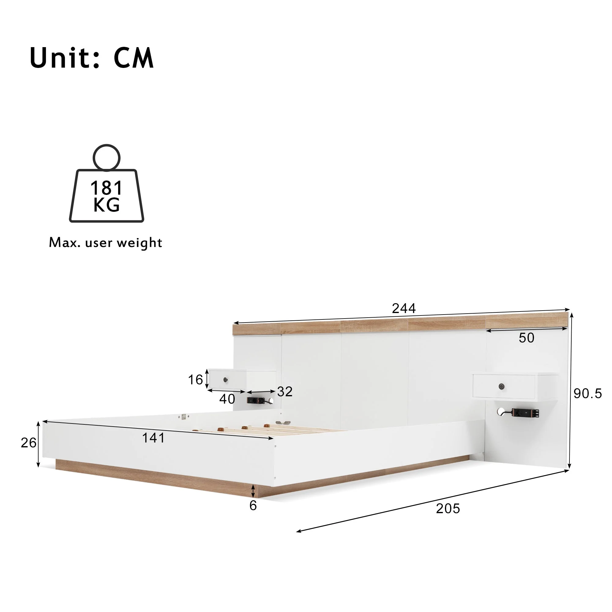 Double Bed Set 140x200cm, LED Bedside Tables, USB-C, Hydraulic Storage Bench, Sonoma Oak/White/Beige Corduroy - Image 2