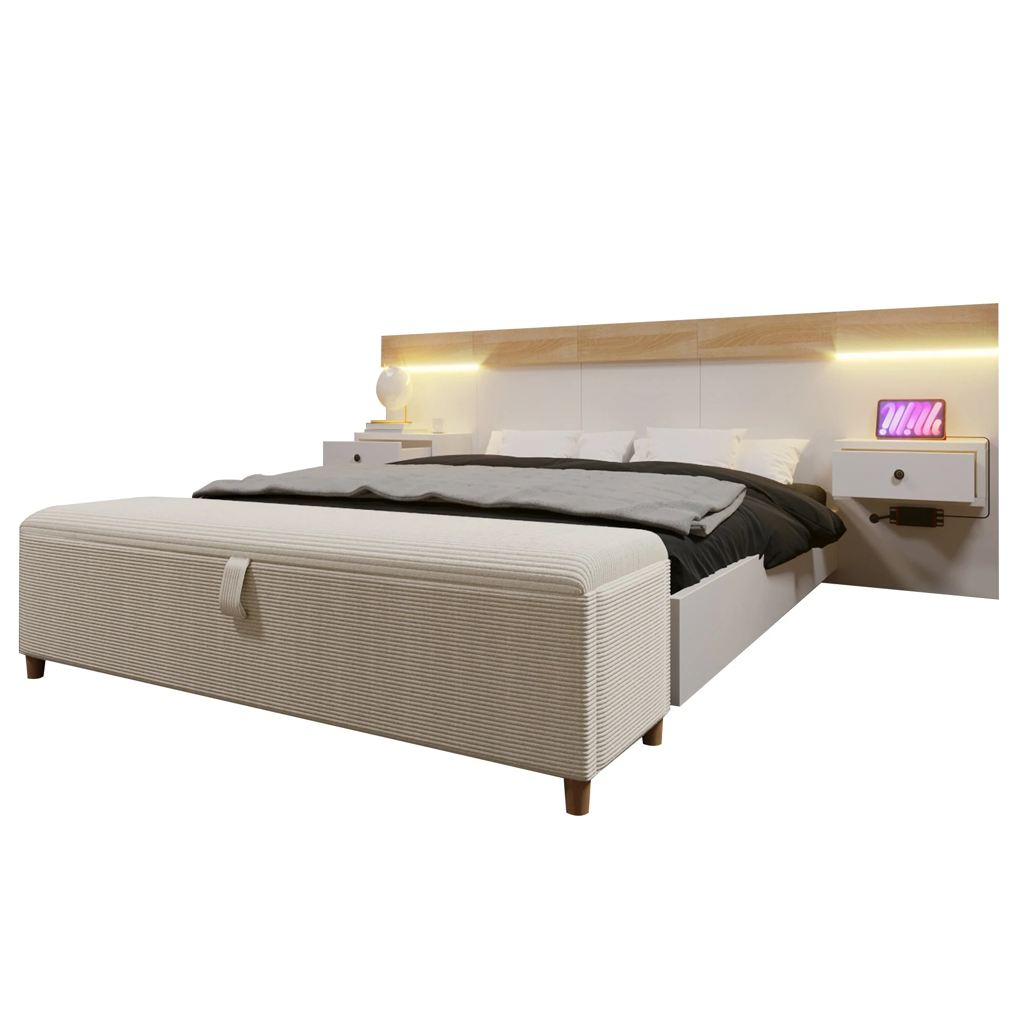 Double Bed Set 140x200cm, LED Bedside Tables, USB-C, Hydraulic Storage Bench, Sonoma Oak/White/Beige Corduroy - Image 3