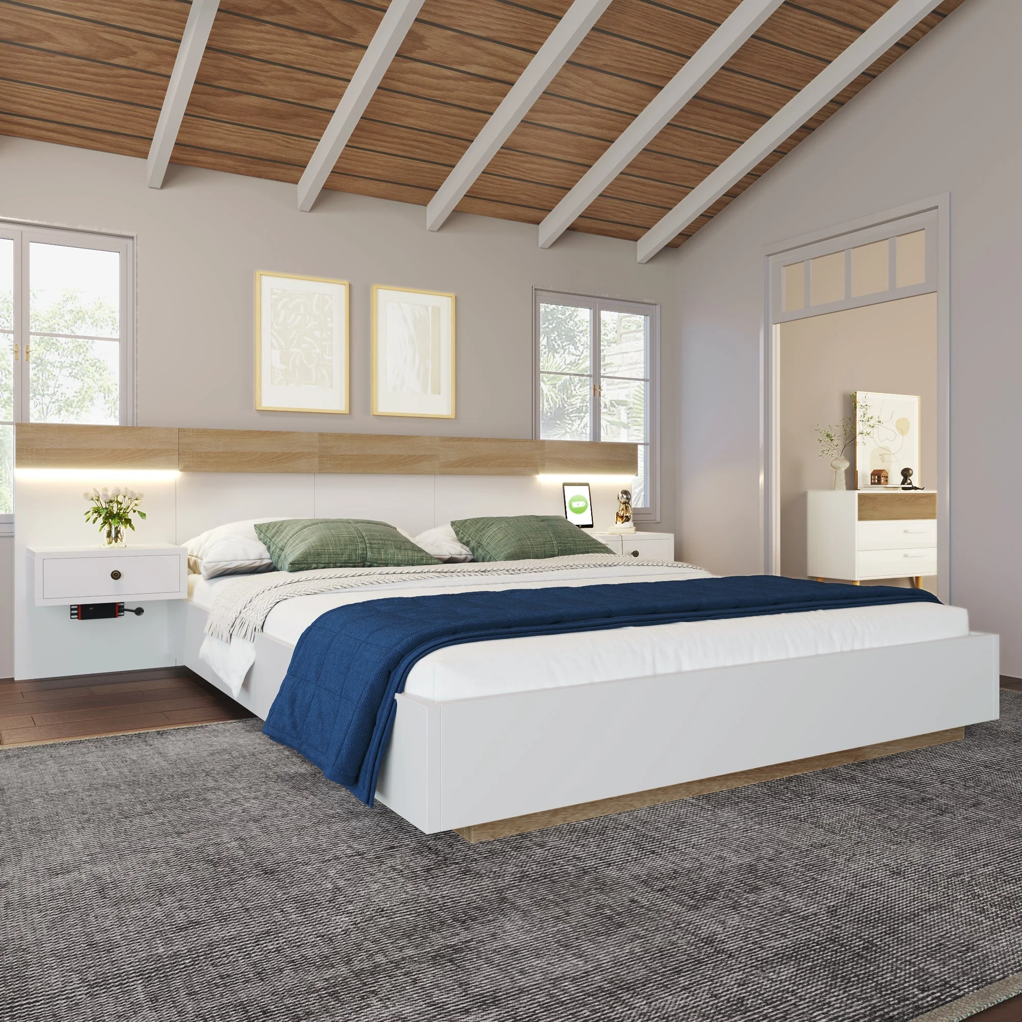 Double Bed Set with 2 LED Nightstands & USB C Socket, 140x200cm Wooden, Sonoma Oak/White - Image 2